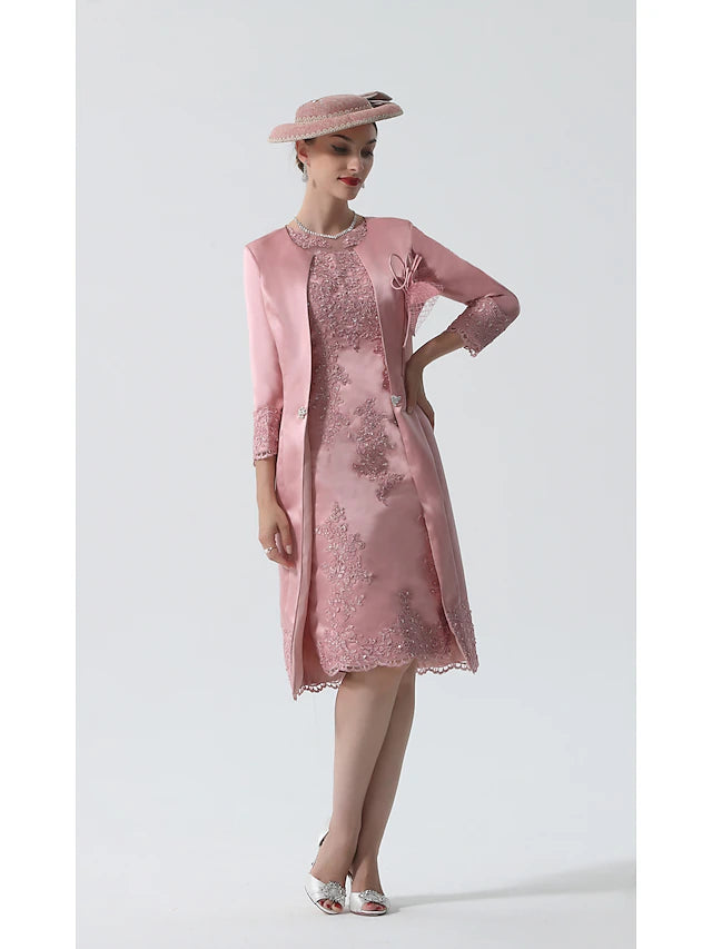 Sheath / Column Mother of the Bride Dress Vintage Plus Size Jewel Neck Knee Length Satin Lace 3/4 Length Sleeve Jacket Dresses with Appliques