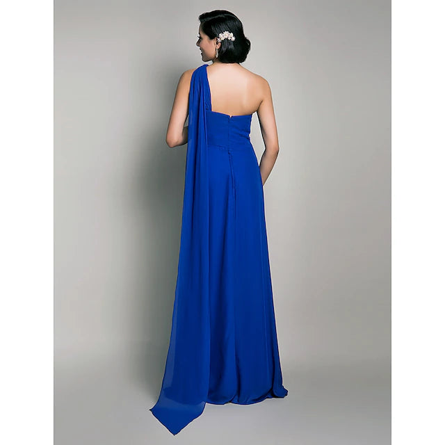 Etuikleid/Spaltenkleid für die Brautjungfer, eine Schulter, ärmellos, für Schwangere, Watteau-Schleppe/bodenlang, Chiffon mit überkreuzten/übereinander liegenden Ärmeln