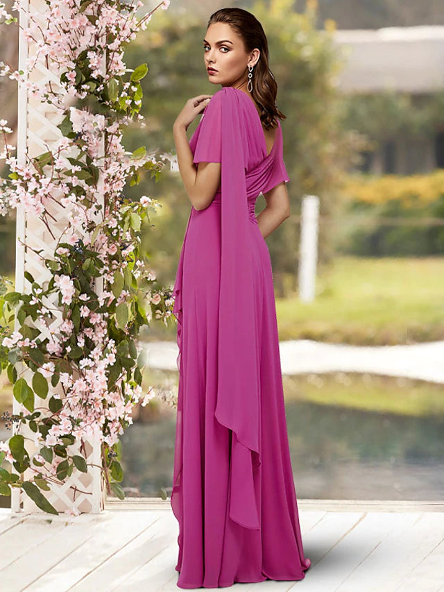 Sheath / Column Mother of the Bride Dress Elegant V Neck Floor Length Chiffon Sleeveless with Pleats Crystal Brooch Side-Draped