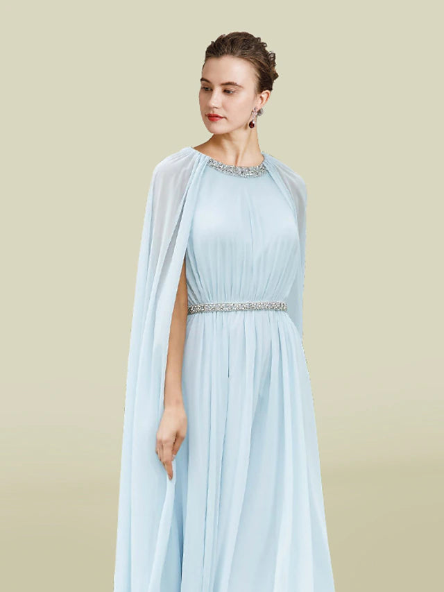 Sheath / Column Mother of the Bride Dress Elegant Jewel Neck Tea Length Chiffon Sleeveless with Pleats Beading Crystal Brooch