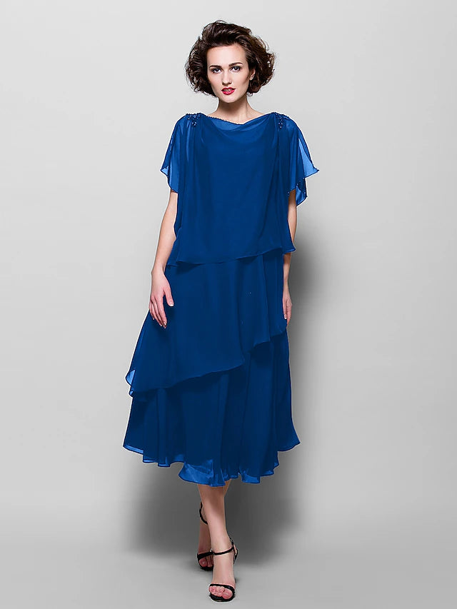 A-Line Mother of the Bride Dress Plus Size Elegant Cowl Neck Tea Length Chiffon Short Sleeve with Ruffles Crystal Brooch