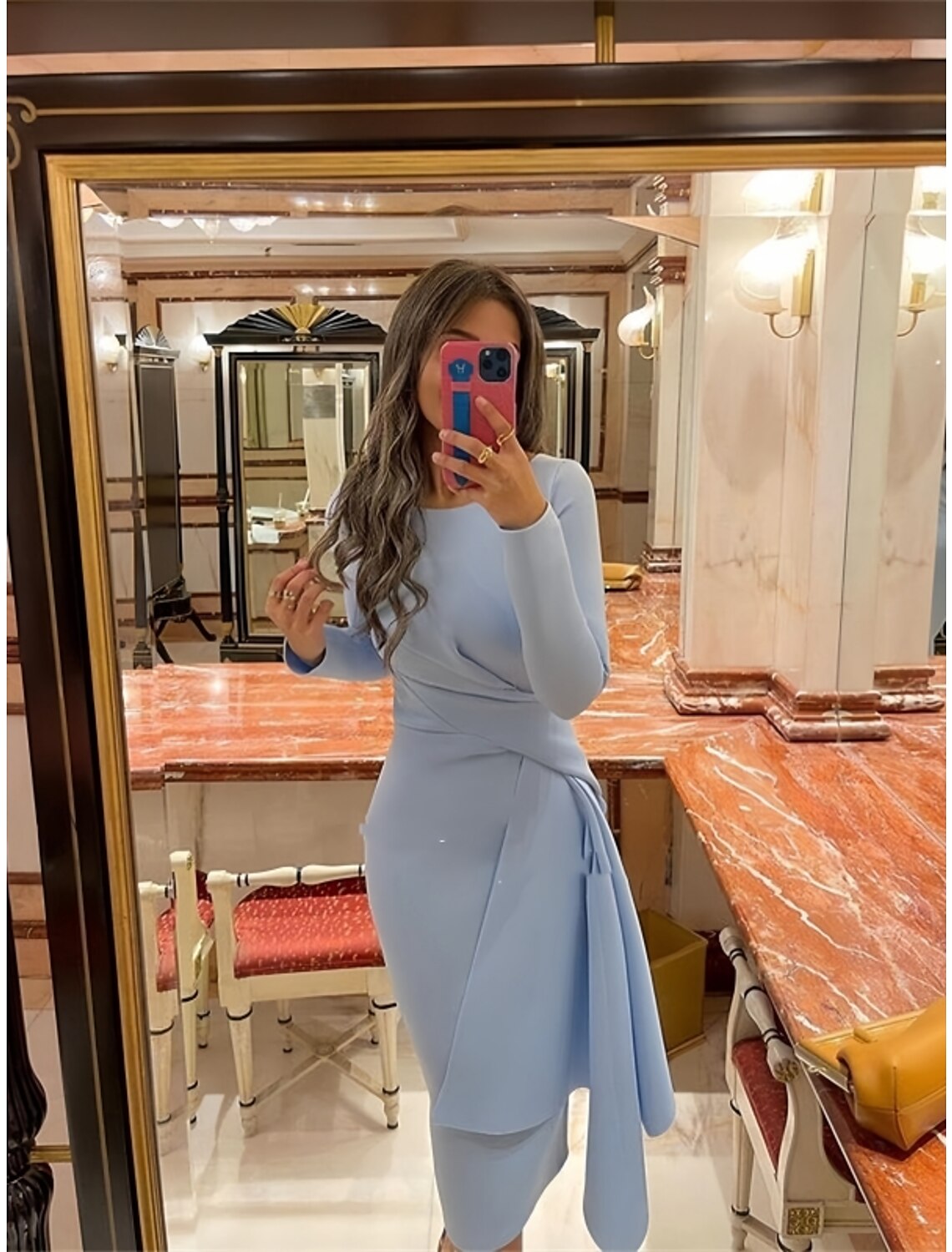 Etuikleid, formelles Cocktailkleid, elegantes Weihnachtskleid, rot-grün, formelles Herbstkleid, knielang, lange Ärmel, Rundhalsausschnitt, Stretchstoff mit Falten, gerüscht