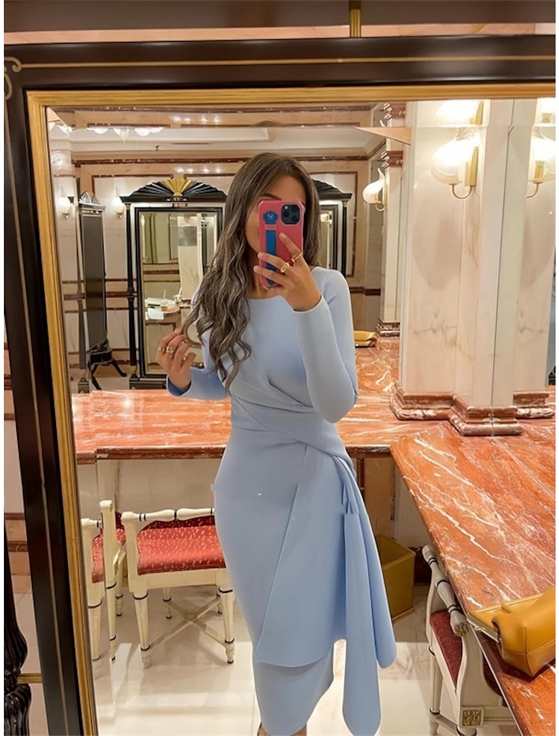 Etui-/Säulen-Cocktailkleider, elegantes Kleid, formell, Herbst, knielang, lange Ärmel, Rundhalsausschnitt, Stretch-Stoff mit Falten, gerüscht