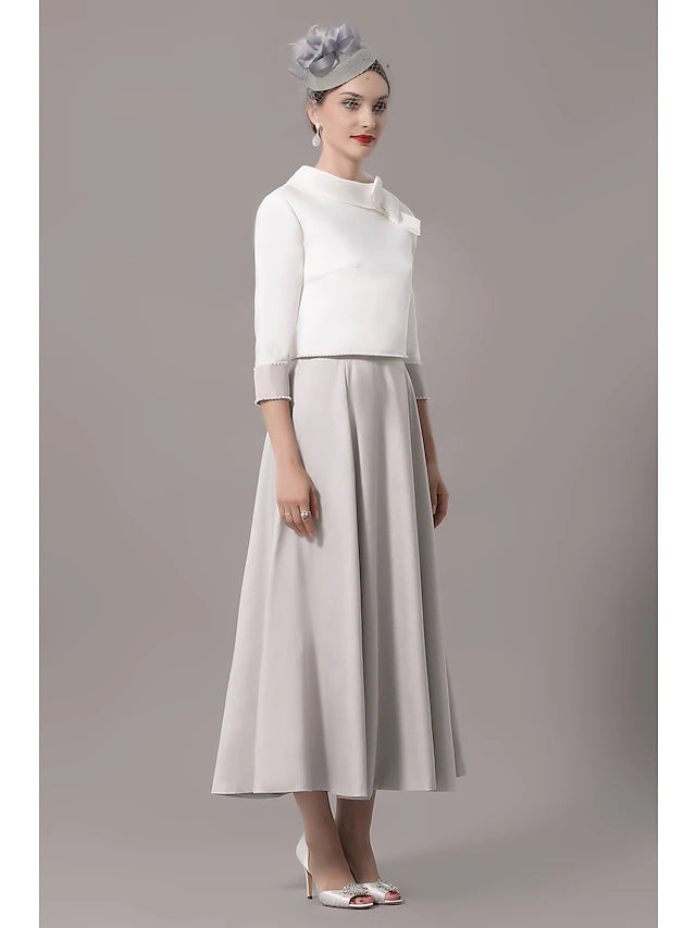 Two Piece Mother of the Bride Dress Church Elegant Jewel Neck Ankle Length Stretch Satin 3/4 Length Sleeve with Bow(s)