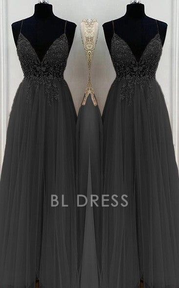 A-Line/Elegant Spaghetti Straps Sleeveless Beading Tulle Floor-Length formal dresses Bridesmaid Dresses evening gown Prom Dress With Split