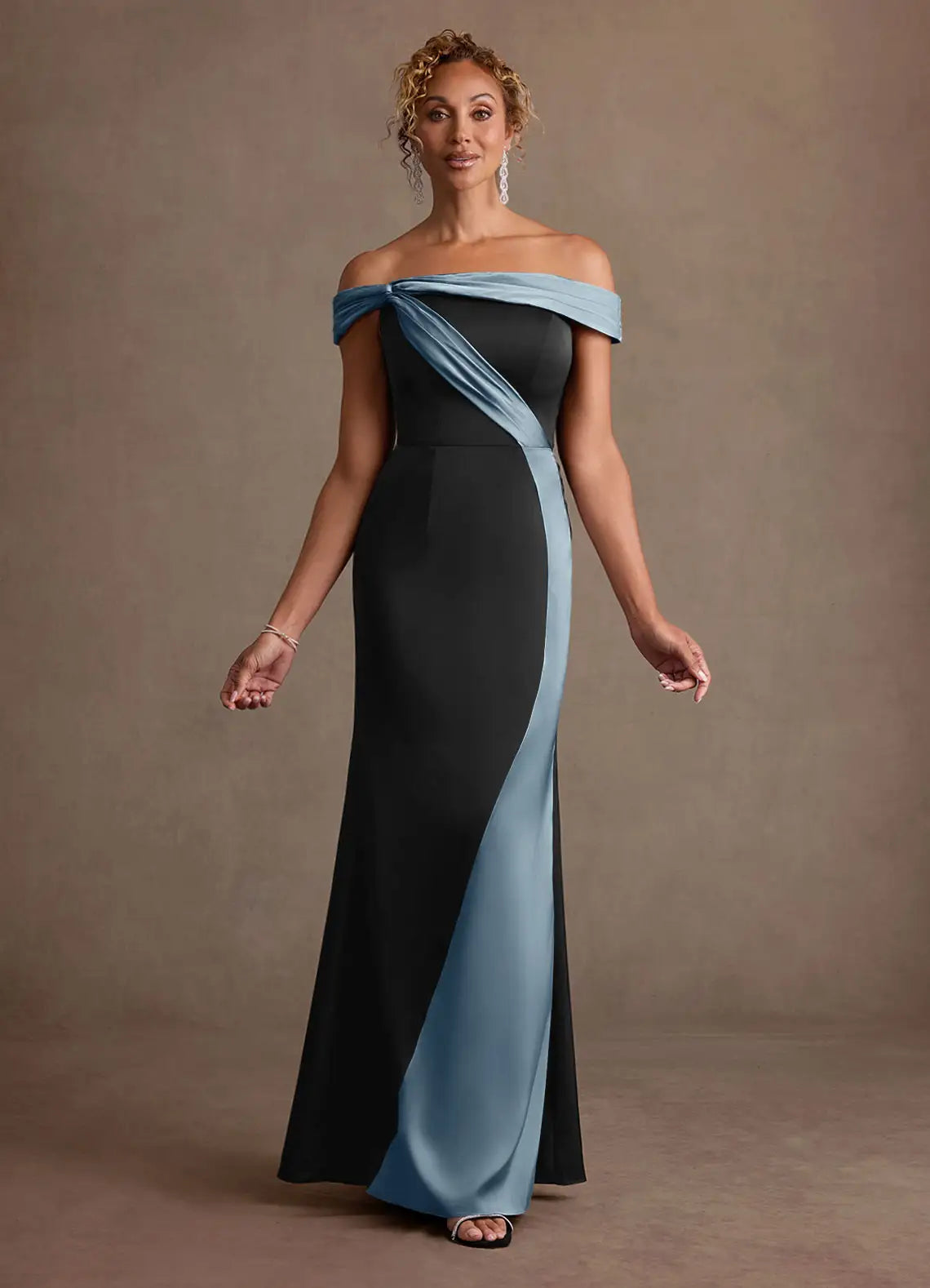 Black Blue Satin Sheath Off Shoulder Sleeveless Zip Back Colorblock Floor Mother of the Bride Dress