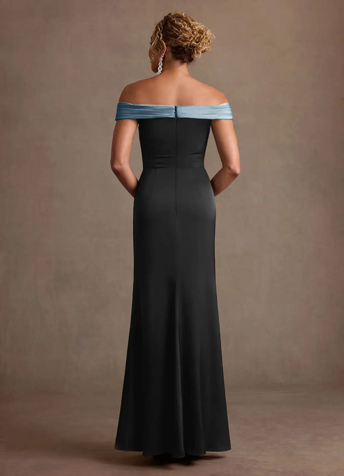 Black Blue Satin Sheath Off Shoulder Sleeveless Zip Back Colorblock Floor Mother of the Bride Dress