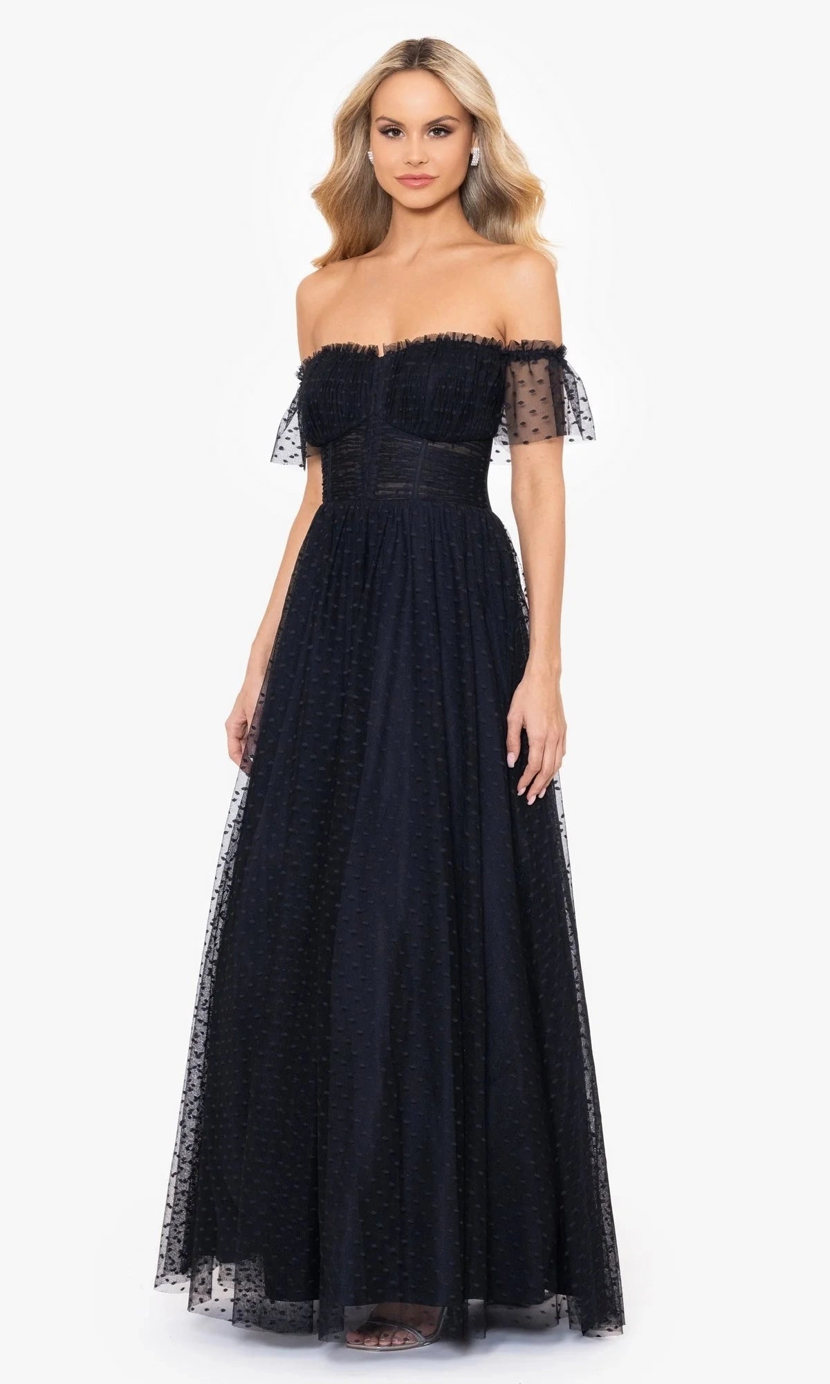 Black Dotted Tulle Off The Shoulder Lace Up A Line Prom Dress