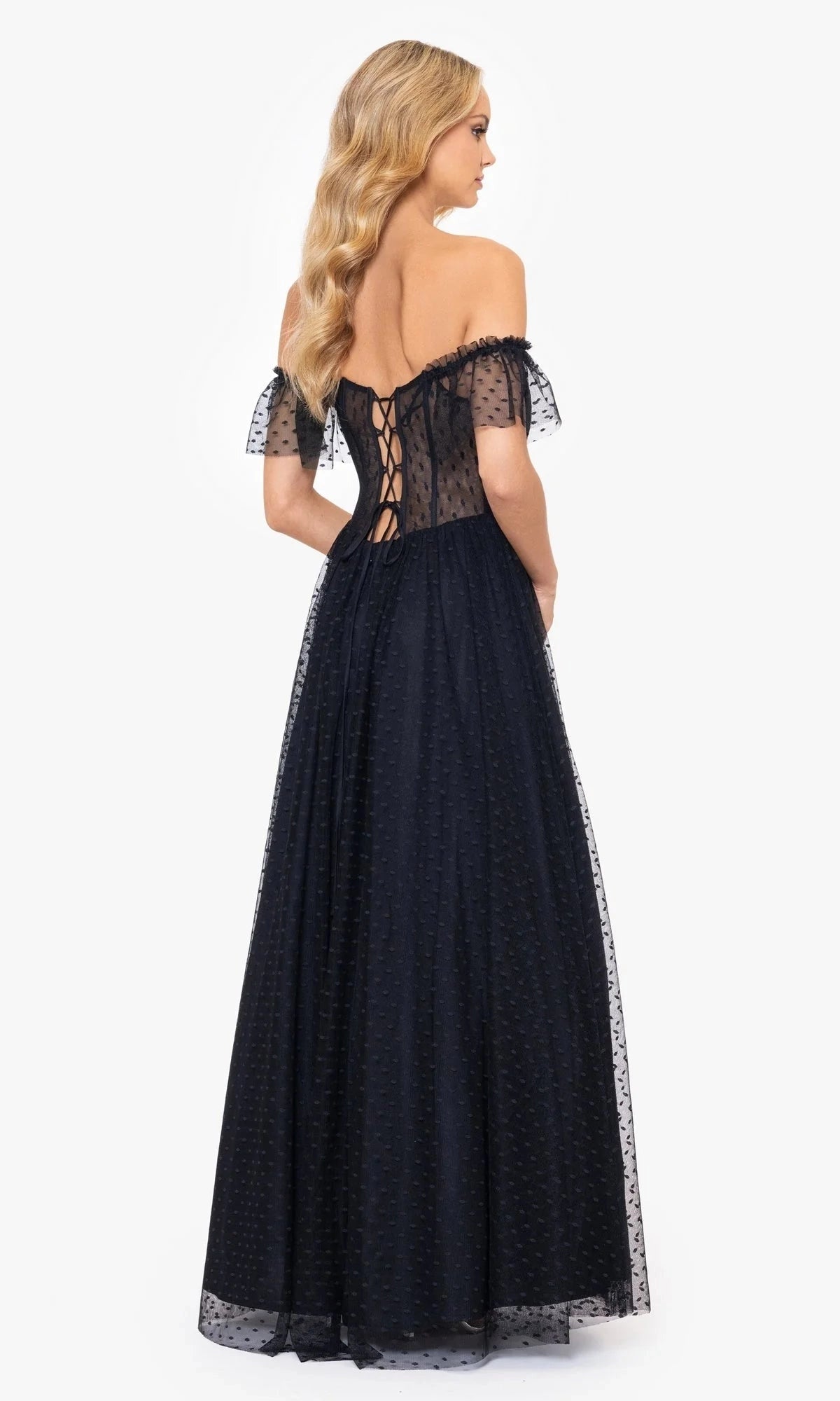 Black Dotted Tulle Off The Shoulder Lace Up A Line Prom Dress