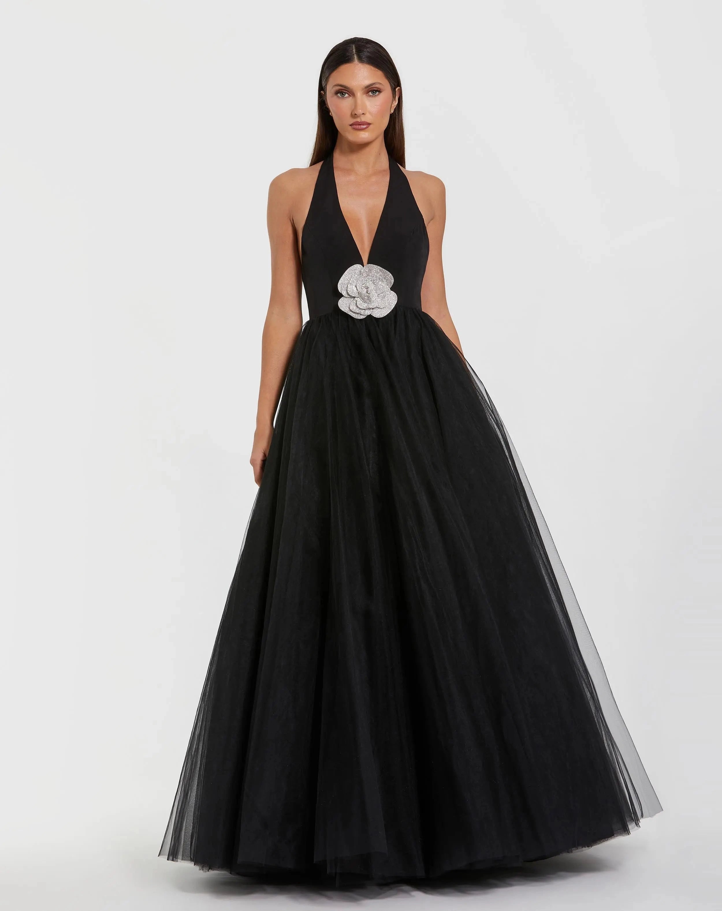 Halter deep v black tulle ball gown silver flower prom dress