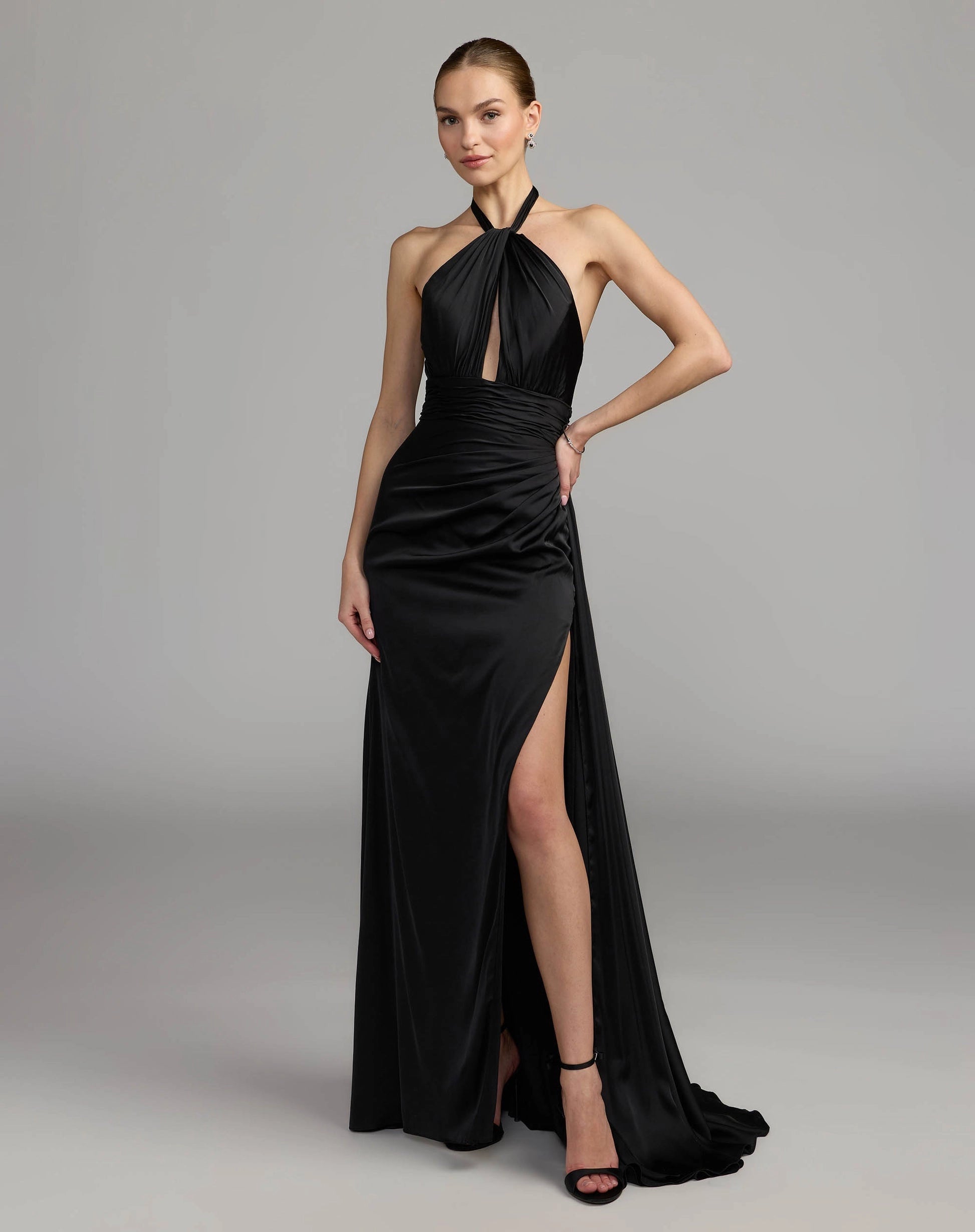 Black Halter Satin Slit Evening Gown With Tie Back