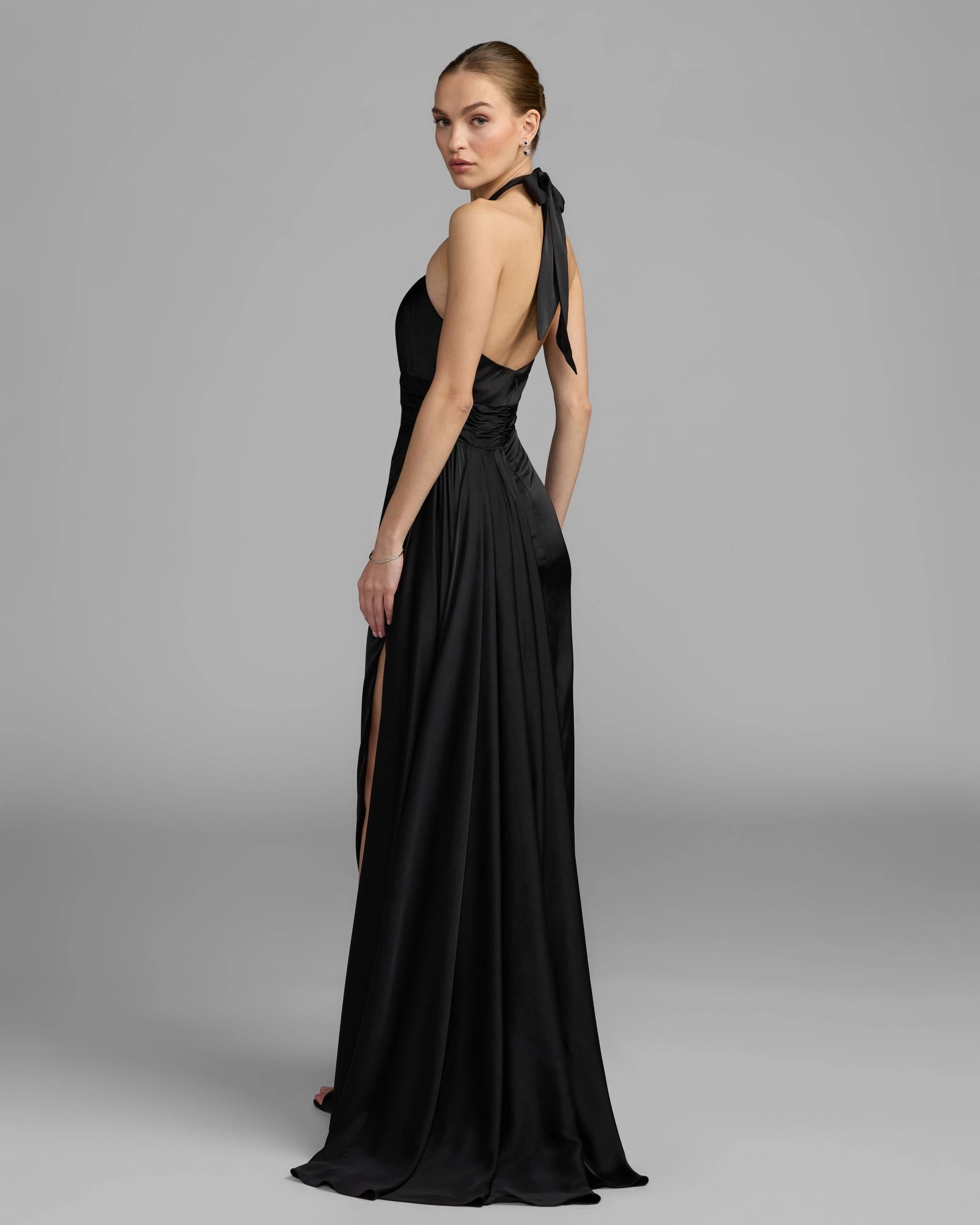 Black Halter Satin Slit Evening Gown With Tie Back