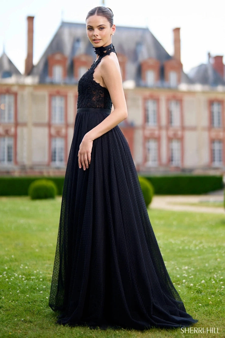 Lace A-line Halter Deep V Sleeveless Open Back Long Prom Dress