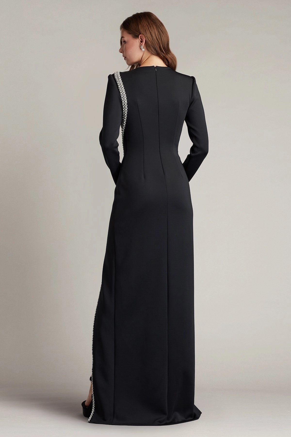 Black Long Sleeve Rhinestone Trim Slit Sheath Evening Gown