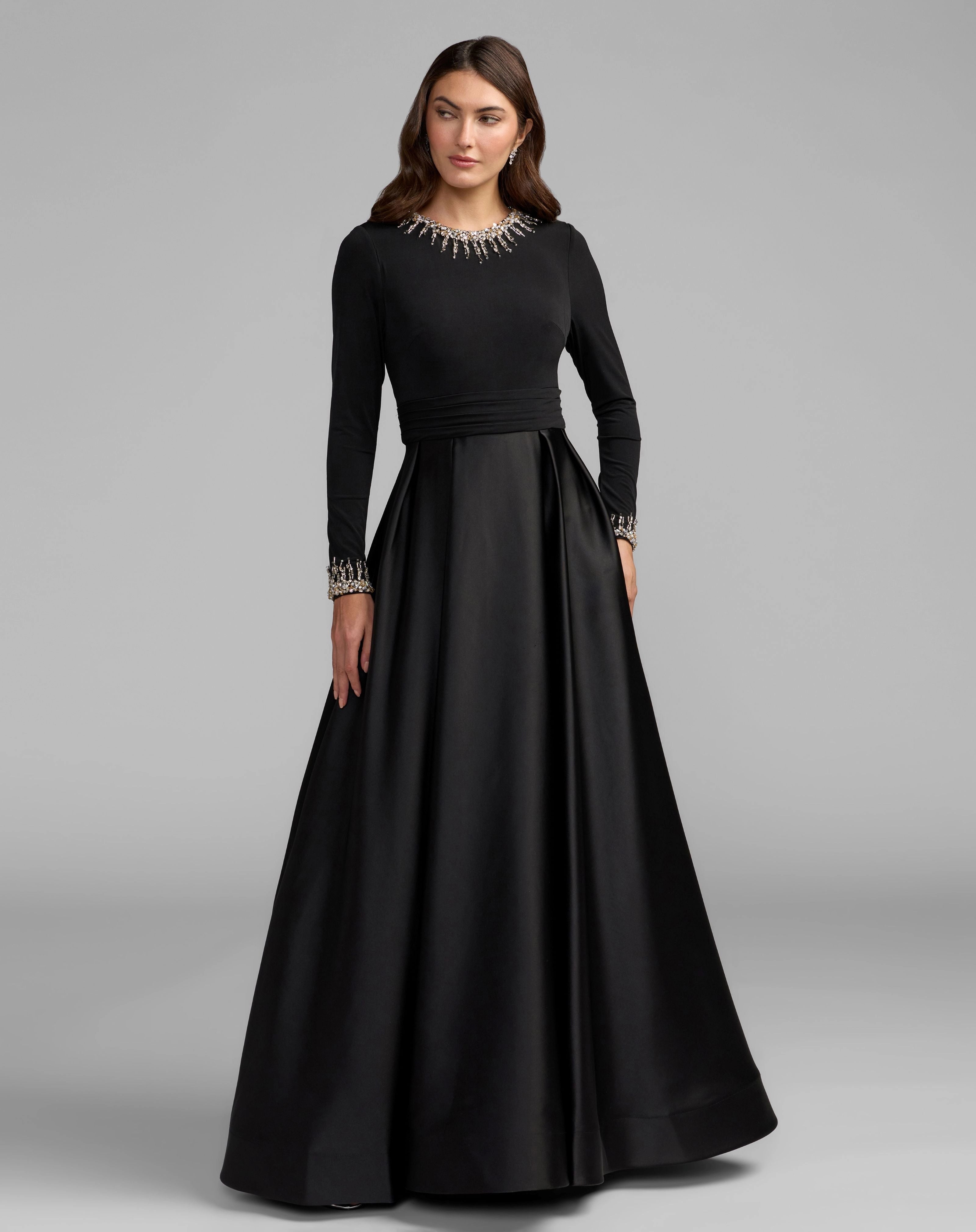 Black Long Sleeve Scuba Satin A Line Evening Gown With Rhinestone Neck & Cuffs