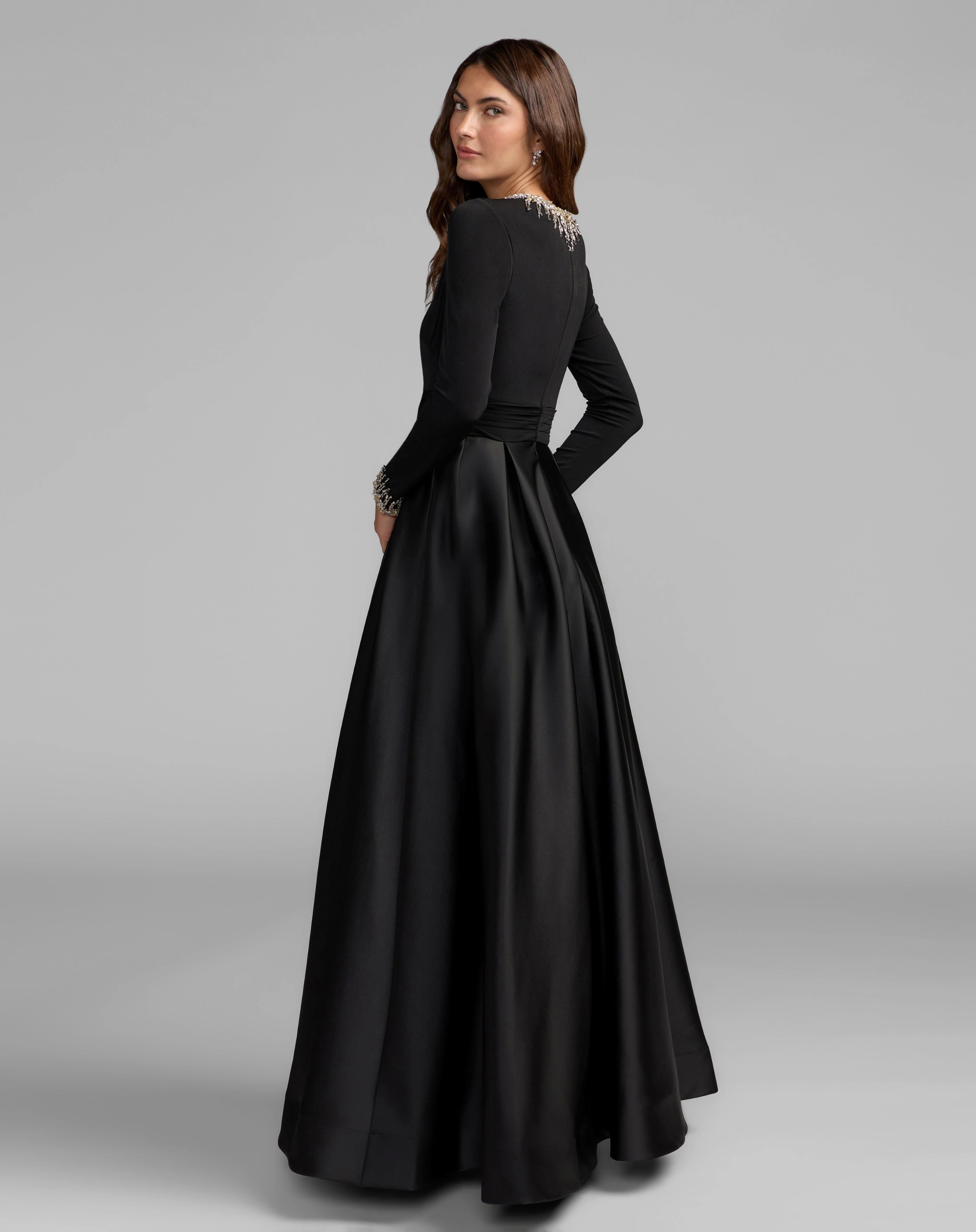 Black Long Sleeve Scuba Satin A Line Evening Gown With Rhinestone Neck & Cuffs