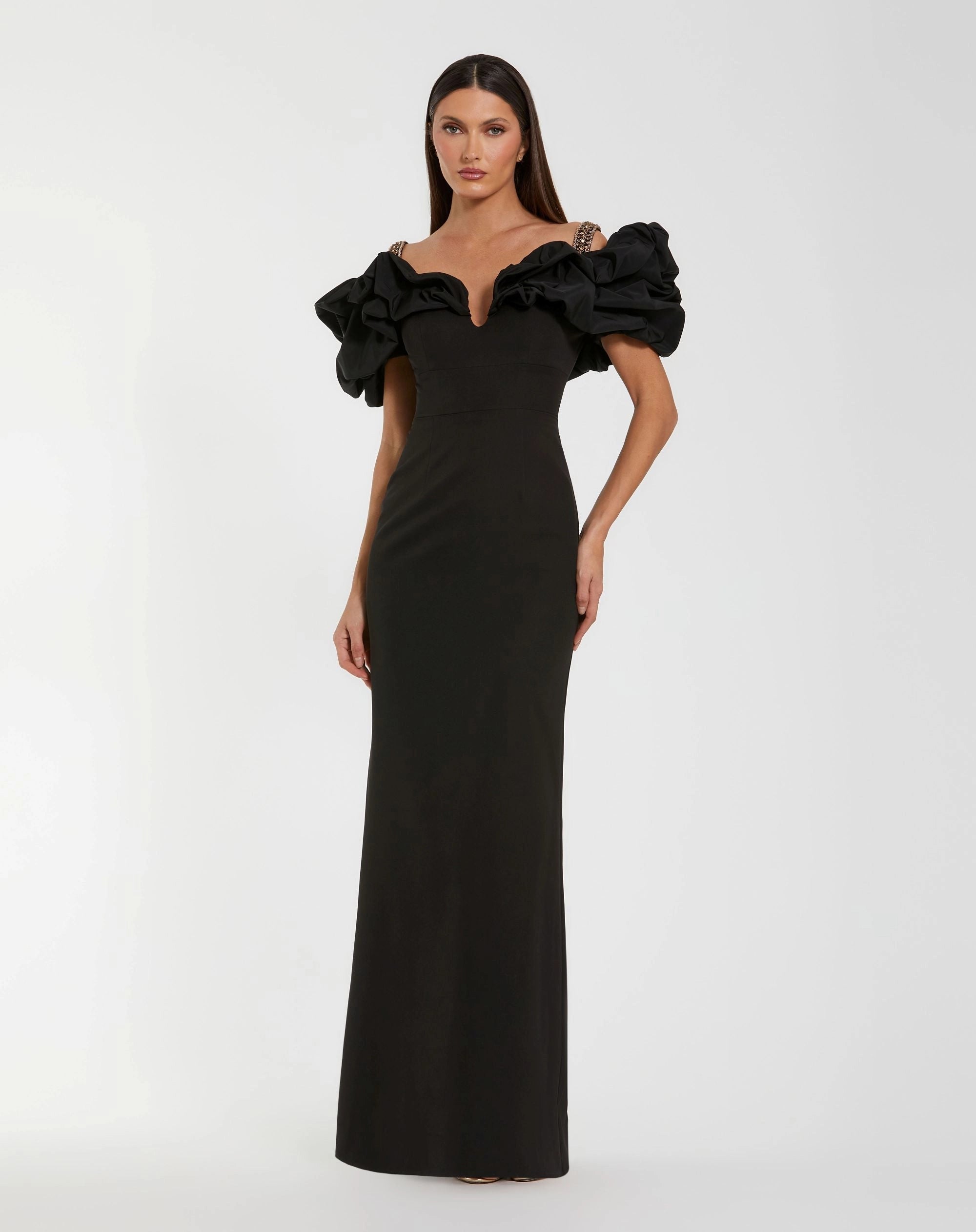 Black Off Shoulder Mermaid Evening Gown With Ruffled Puff Sleeves & Beaded Straps