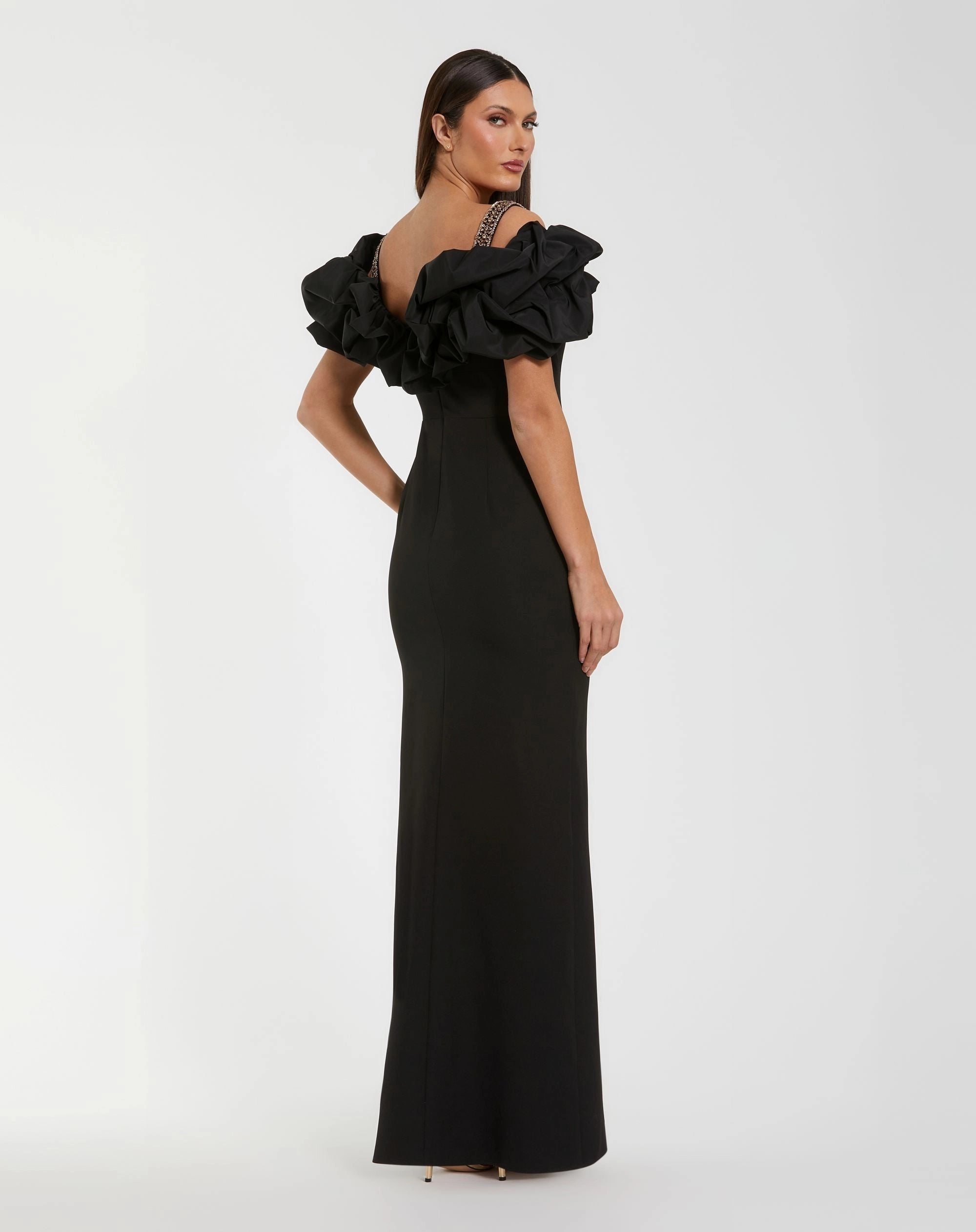 Black Off Shoulder Mermaid Evening Gown With Ruffled Puff Sleeves & Beaded Straps
