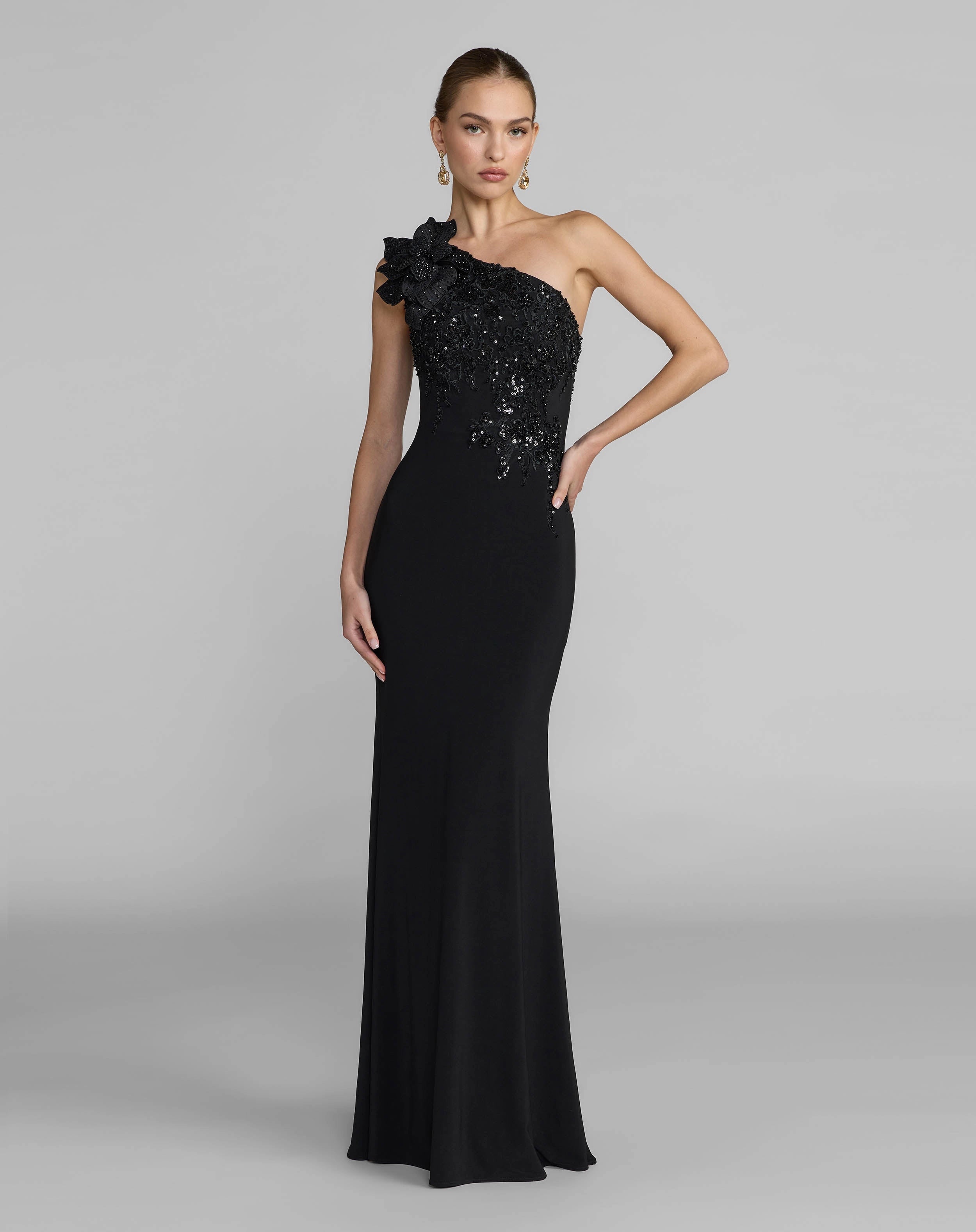 Black One Shoulder 3D Floral Beaded Lace Mermaid Evening Gown
