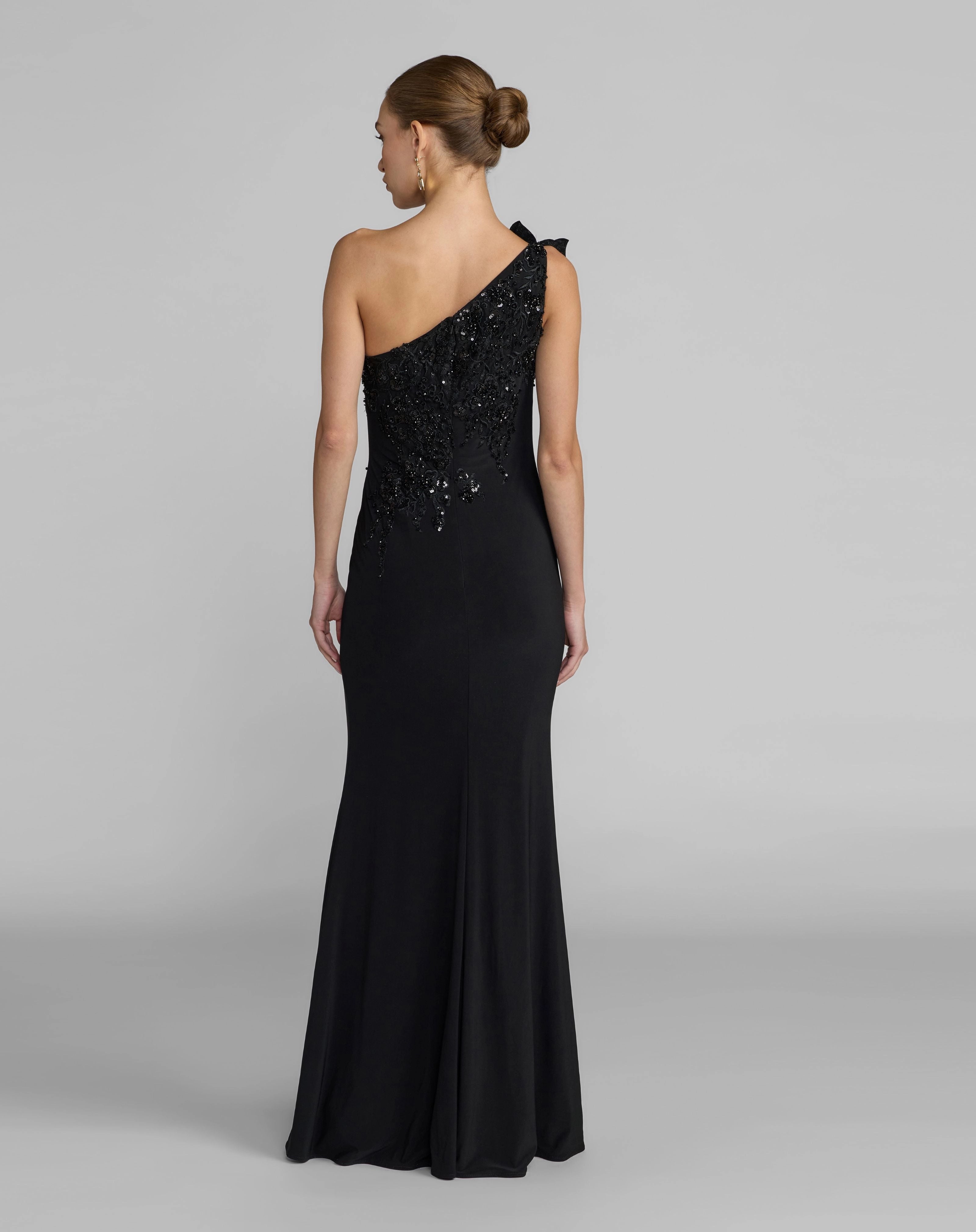 Black One Shoulder 3D Floral Beaded Lace Mermaid Evening Gown