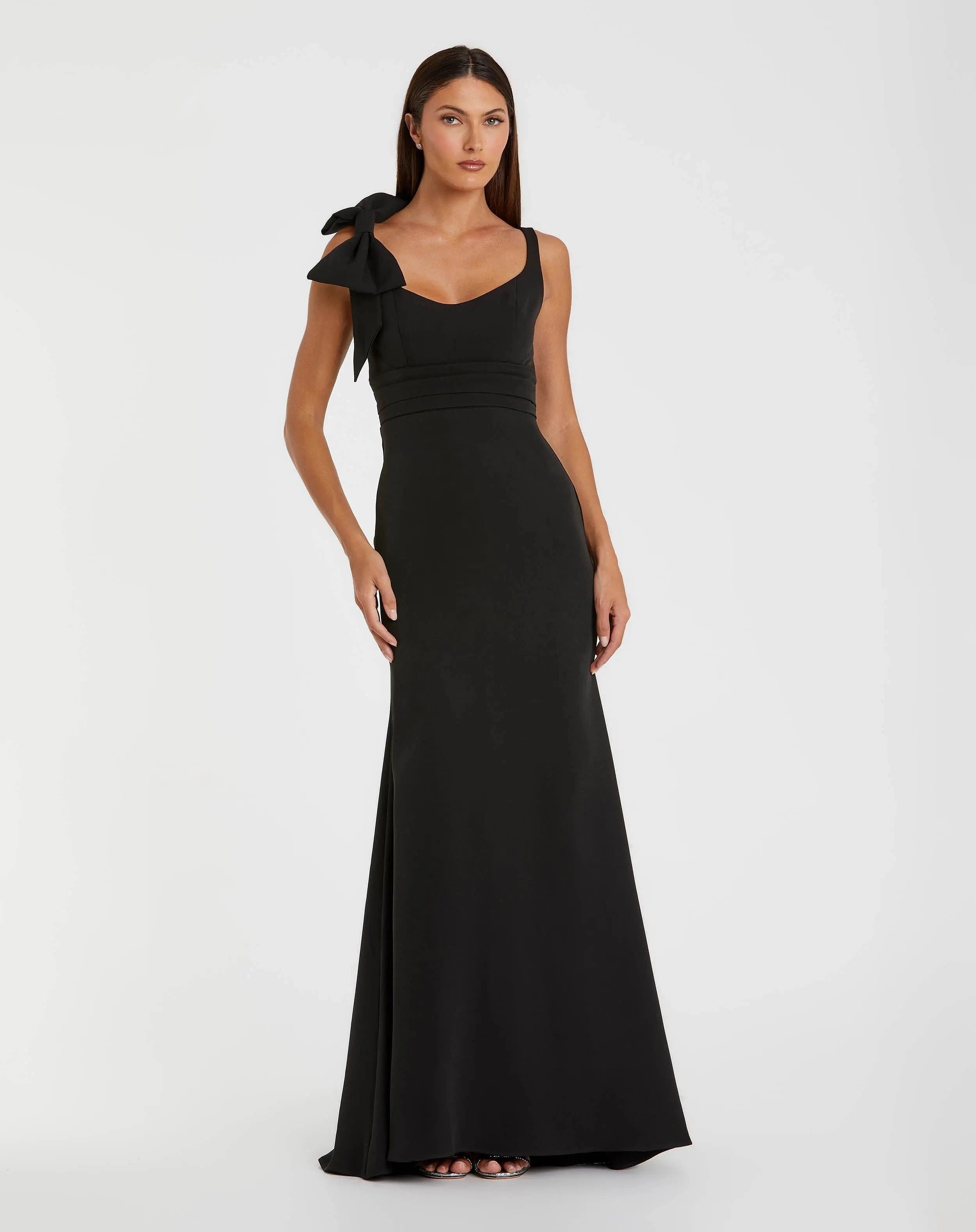 Black one shoulder bow fitted mermaid prom gown