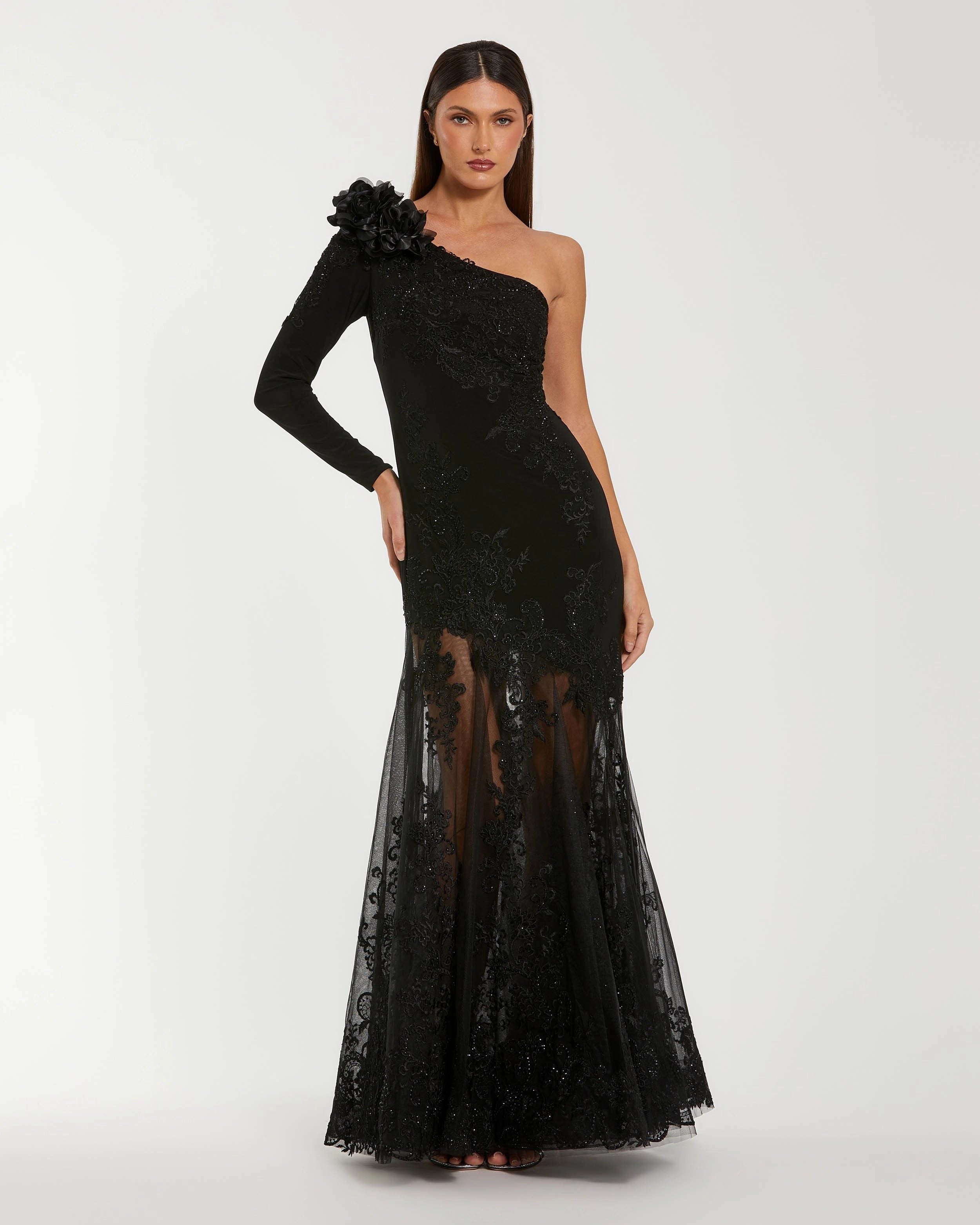 Black One Shoulder Long Sleeve Lace Mermaid Sheer Tulle Evening Gown