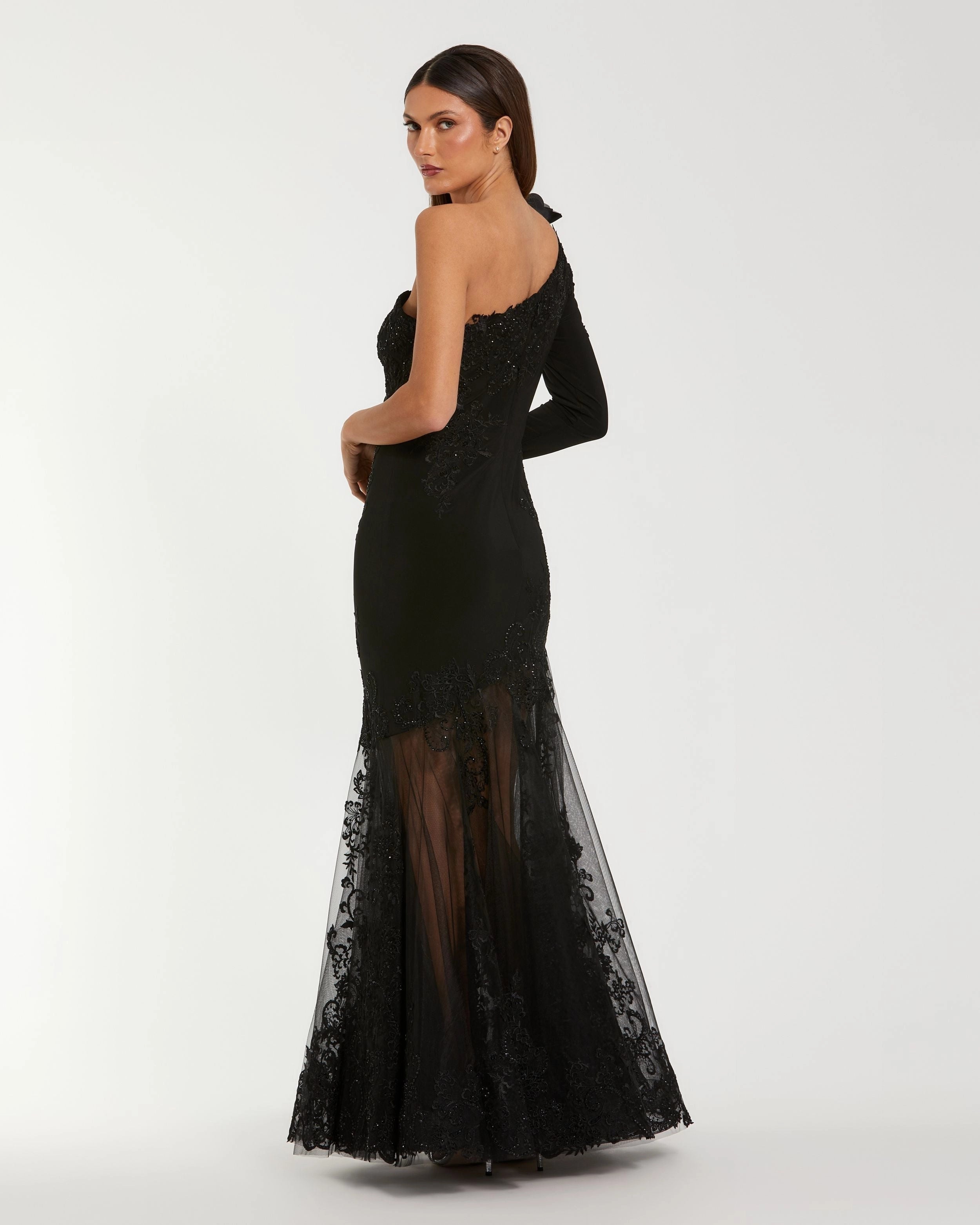 Black One Shoulder Long Sleeve Lace Mermaid Sheer Tulle Evening Gown