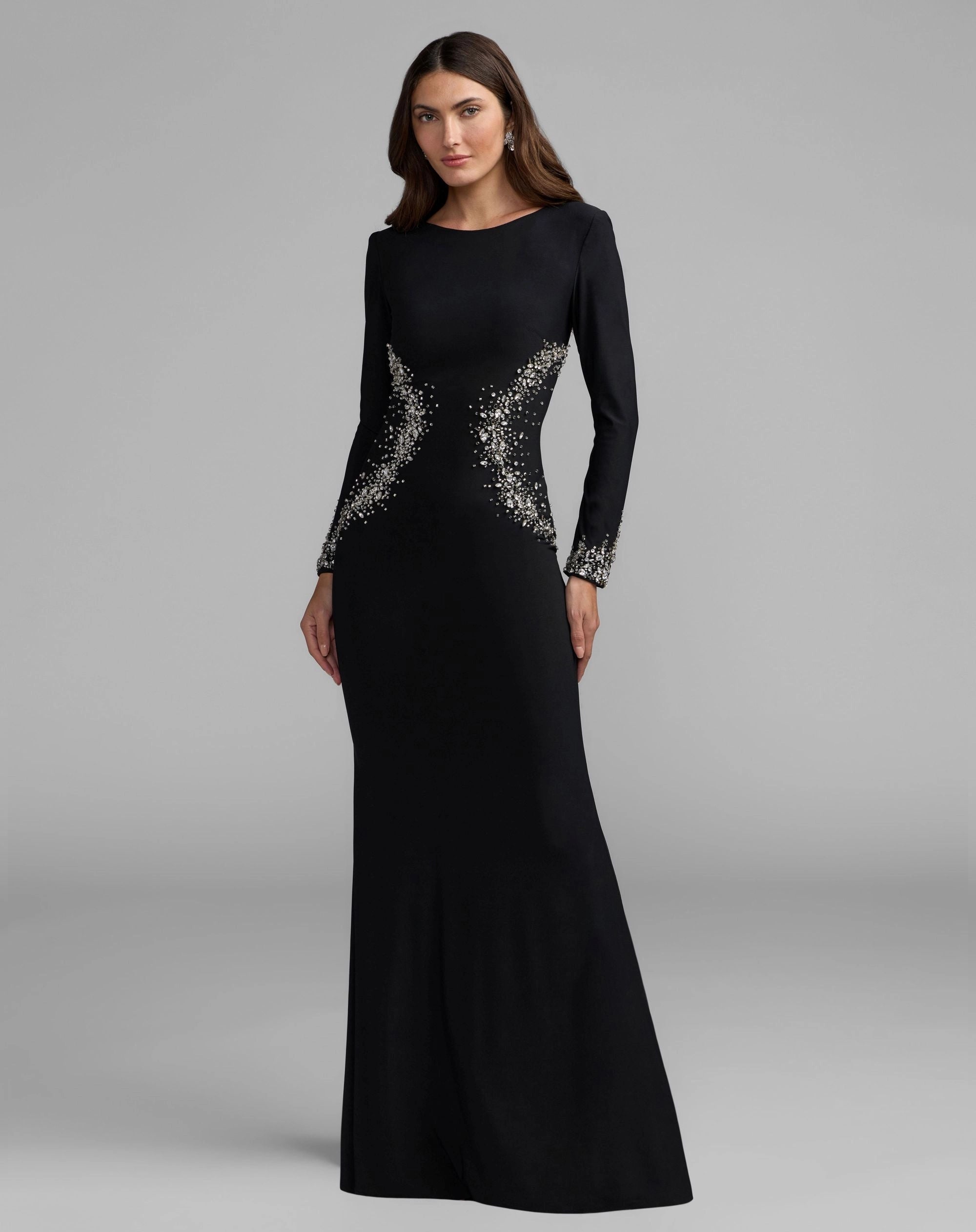 Black Round Neck Long Sleeve Beaded Side Mermaid Floor Length Evening Gown