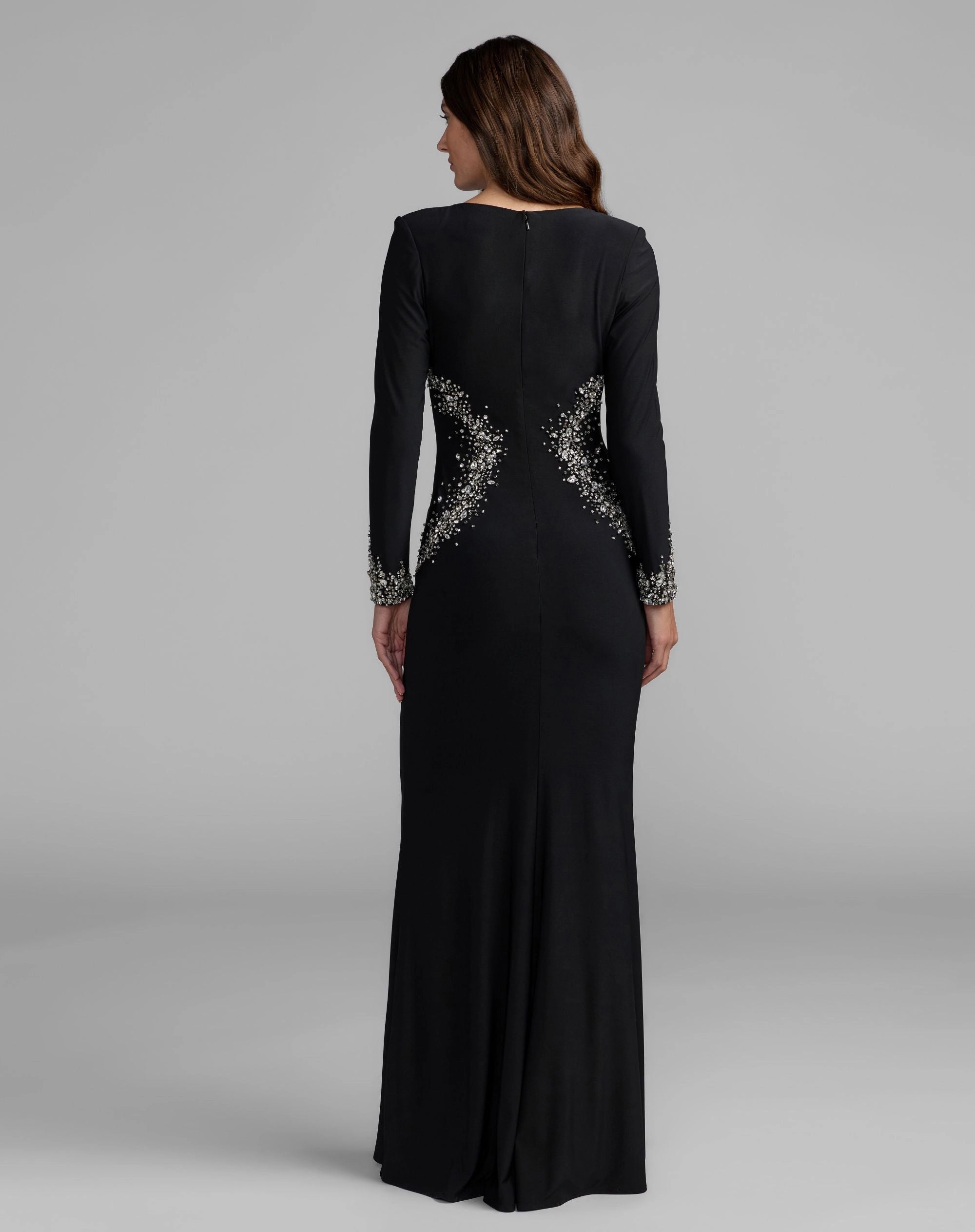Black Round Neck Long Sleeve Beaded Side Mermaid Floor Length Evening Gown
