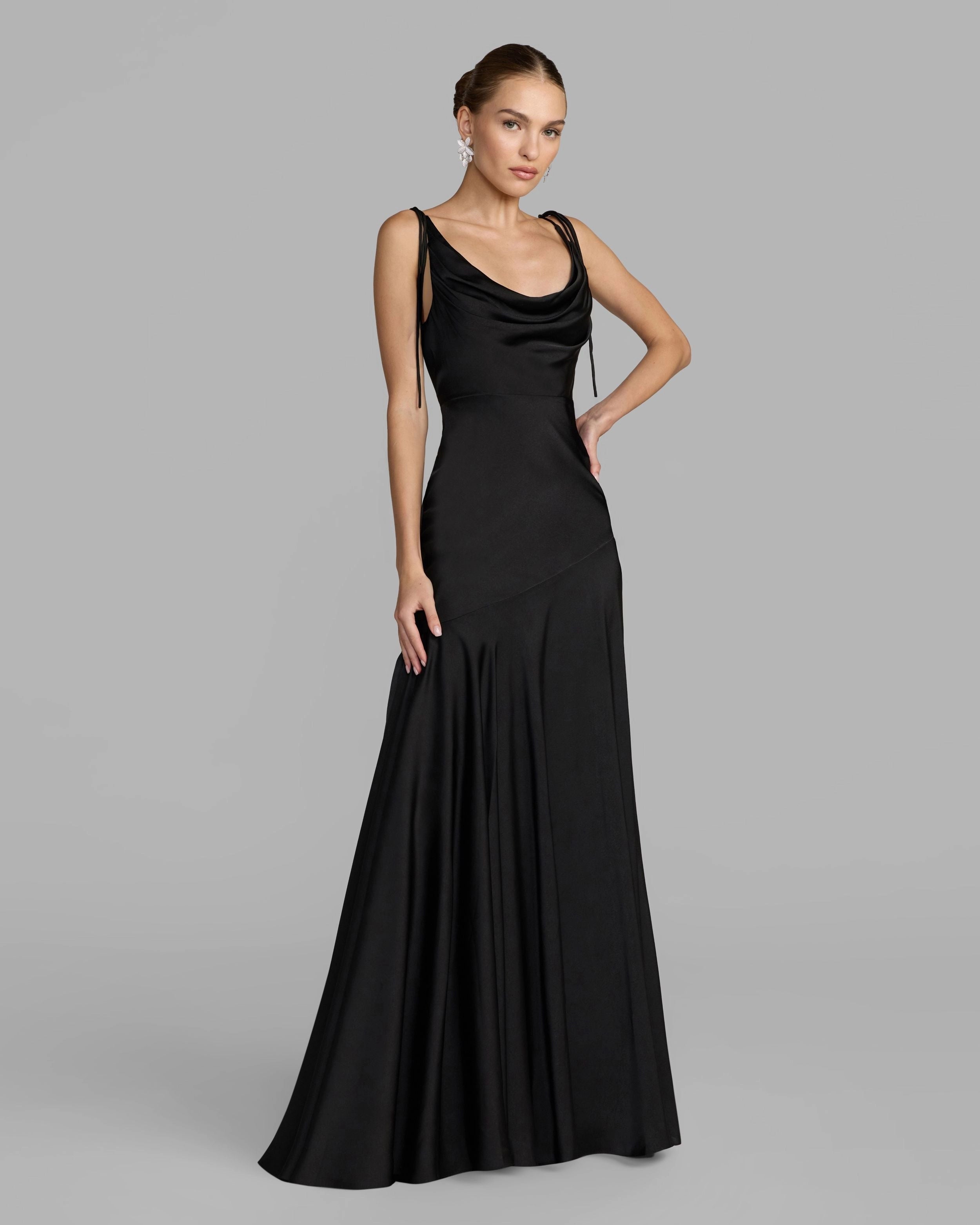 Elegant mermaid cowl neck tie-strap v-back floor-length prom gown