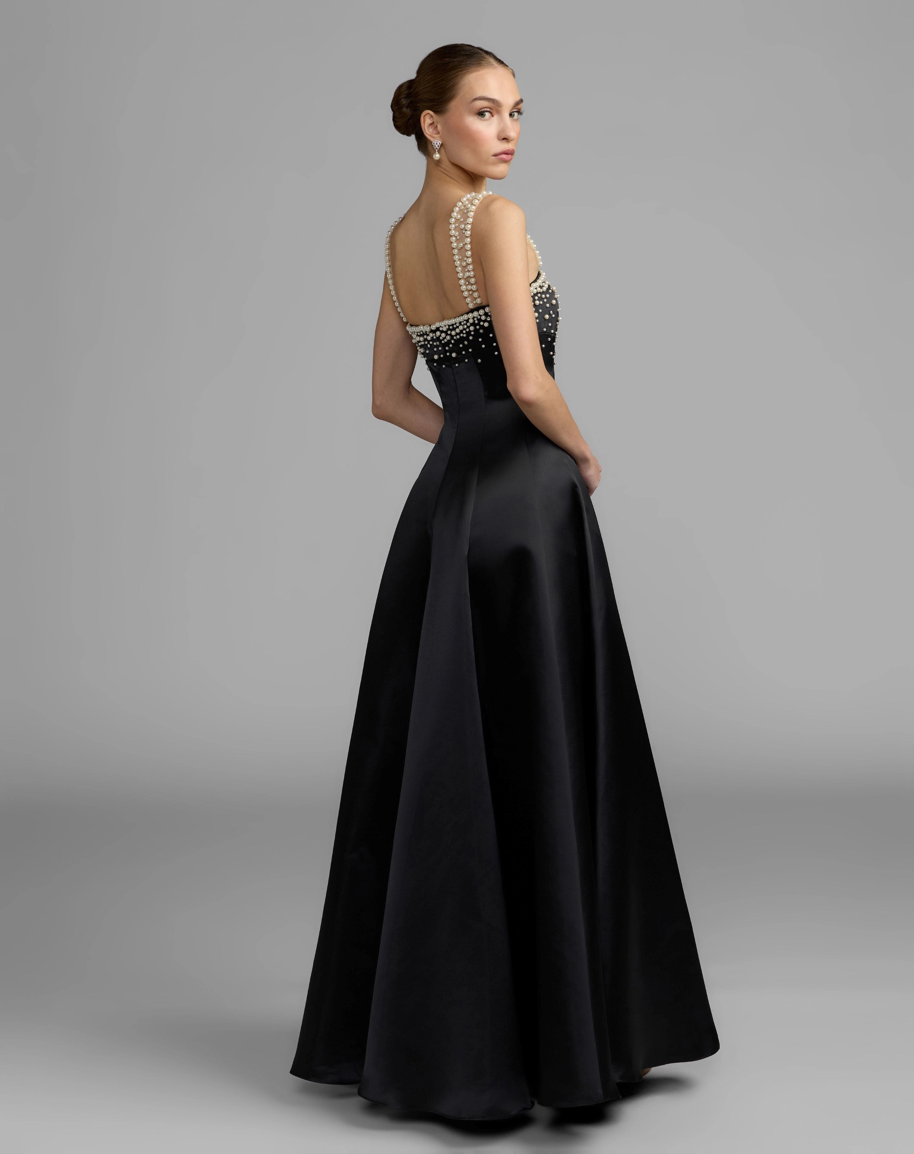Black Satin Pearl Strap A Line Evening Gown With Pearl Beaded Bodice