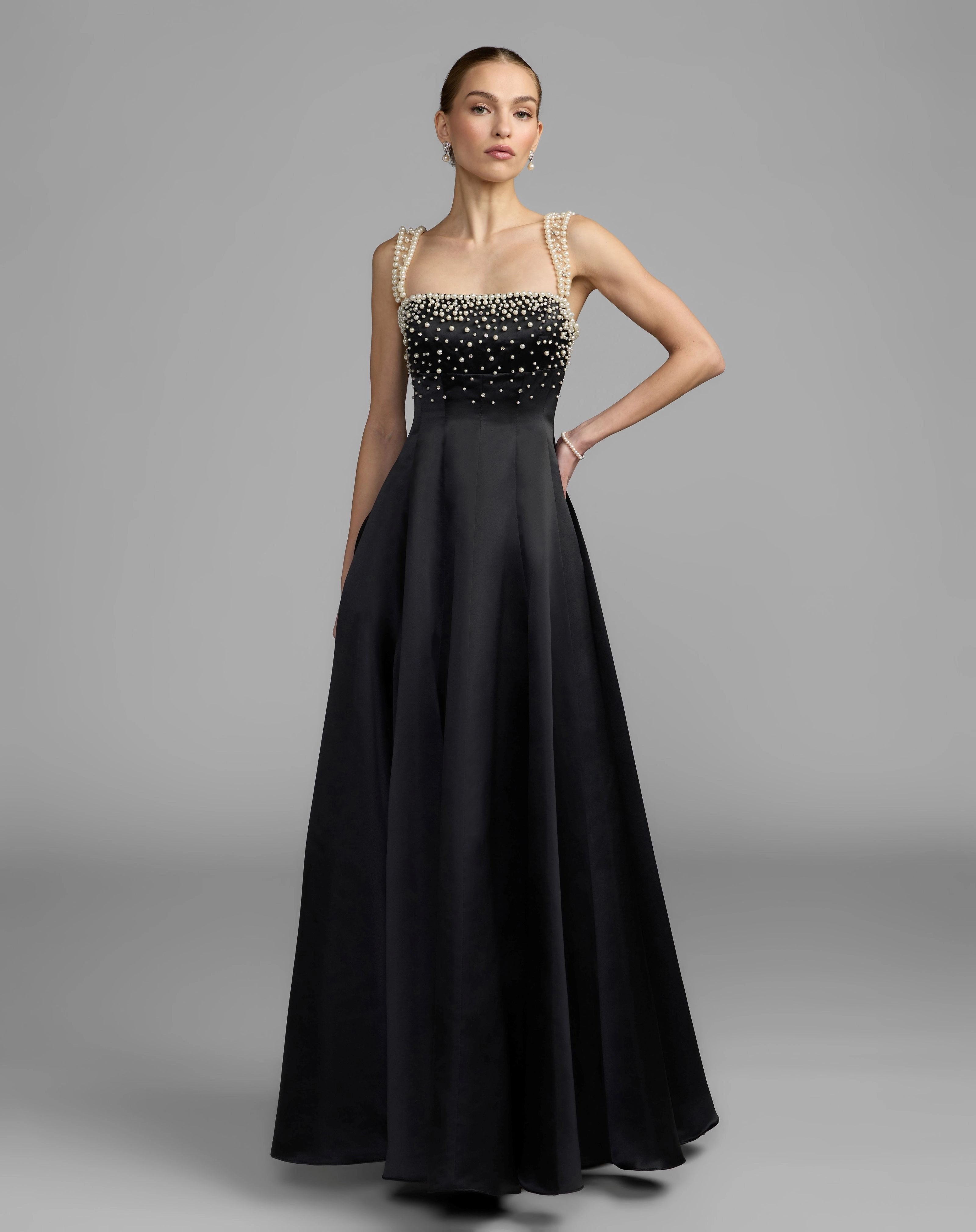 Black Satin Pearl Strap A Line Evening Gown With Pearl Beaded Bodice