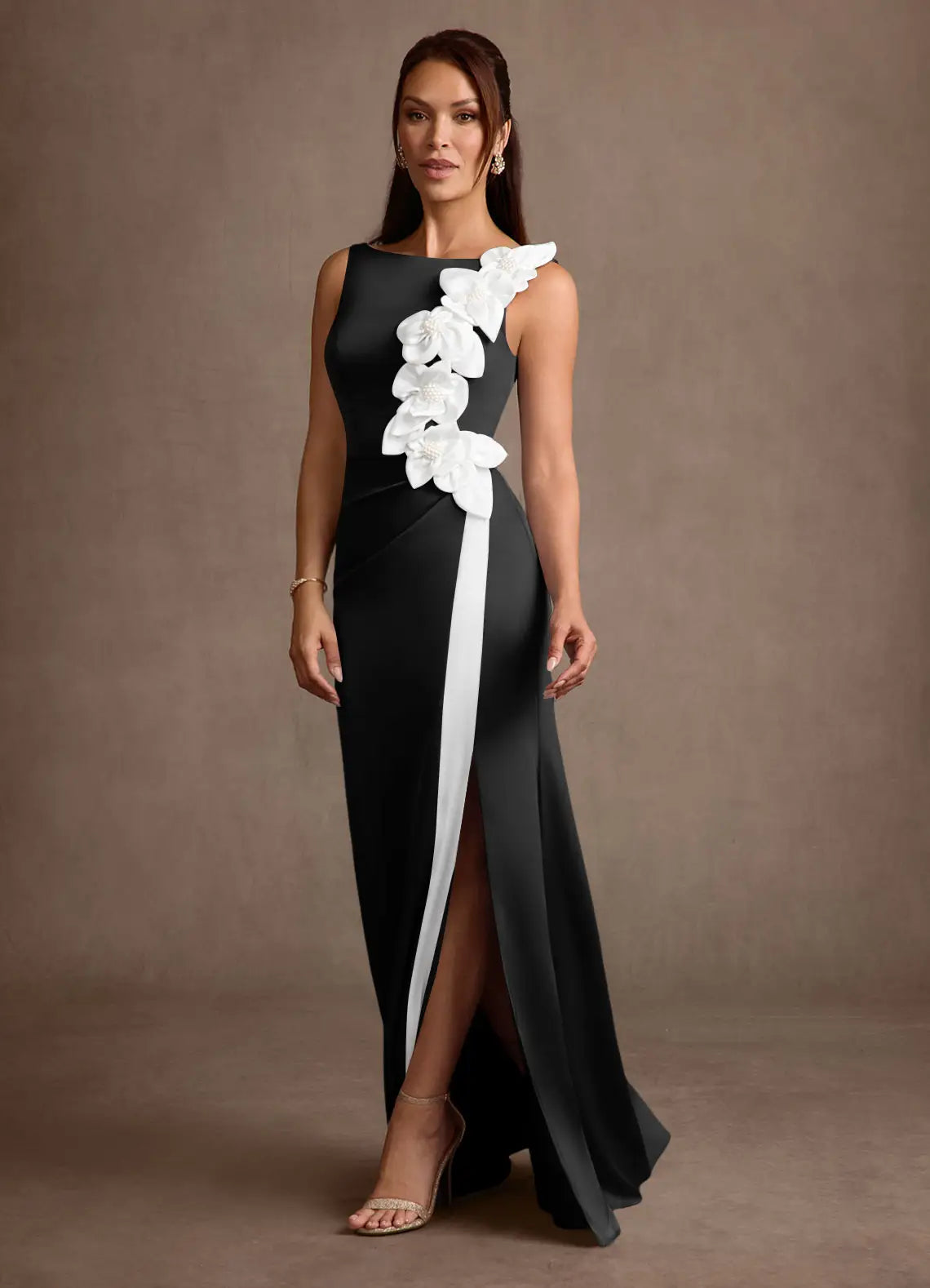 Black Satin Sheath Boat Neck Sleeveless Zip Back Slit Floral Floor Mother of the Bride Dress