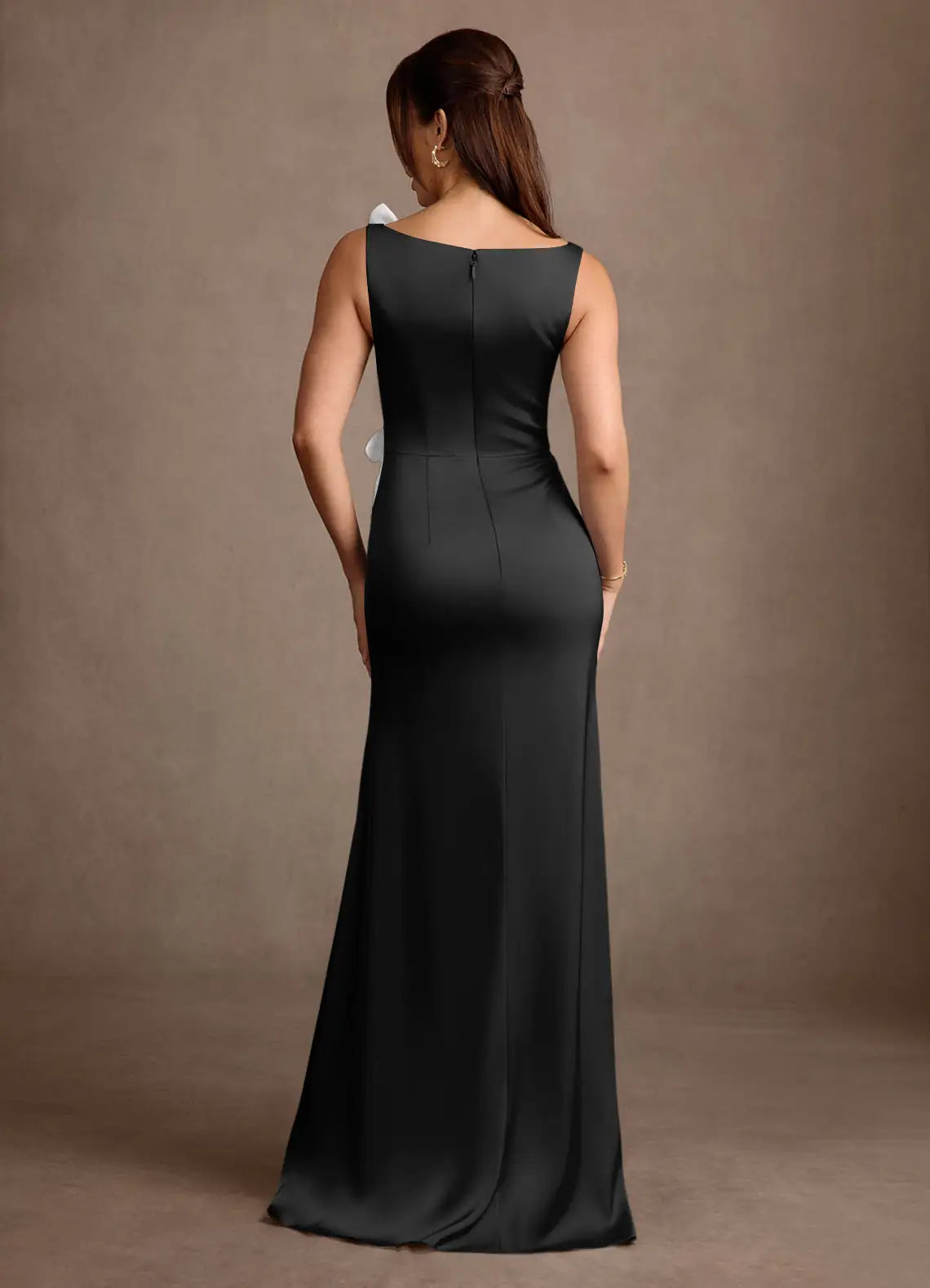 Black Satin Sheath Boat Neck Sleeveless Zip Back Slit Floral Floor Mother of the Bride Dress