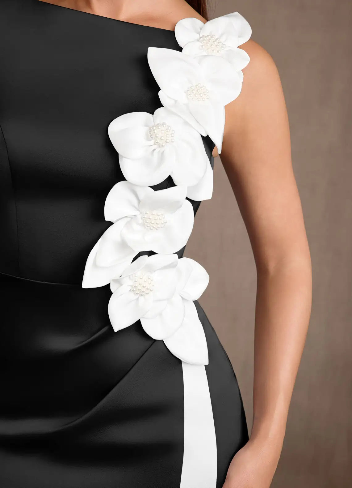 Black Satin Sheath Boat Neck Sleeveless Zip Back Slit Floral Floor Mother of the Bride Dress