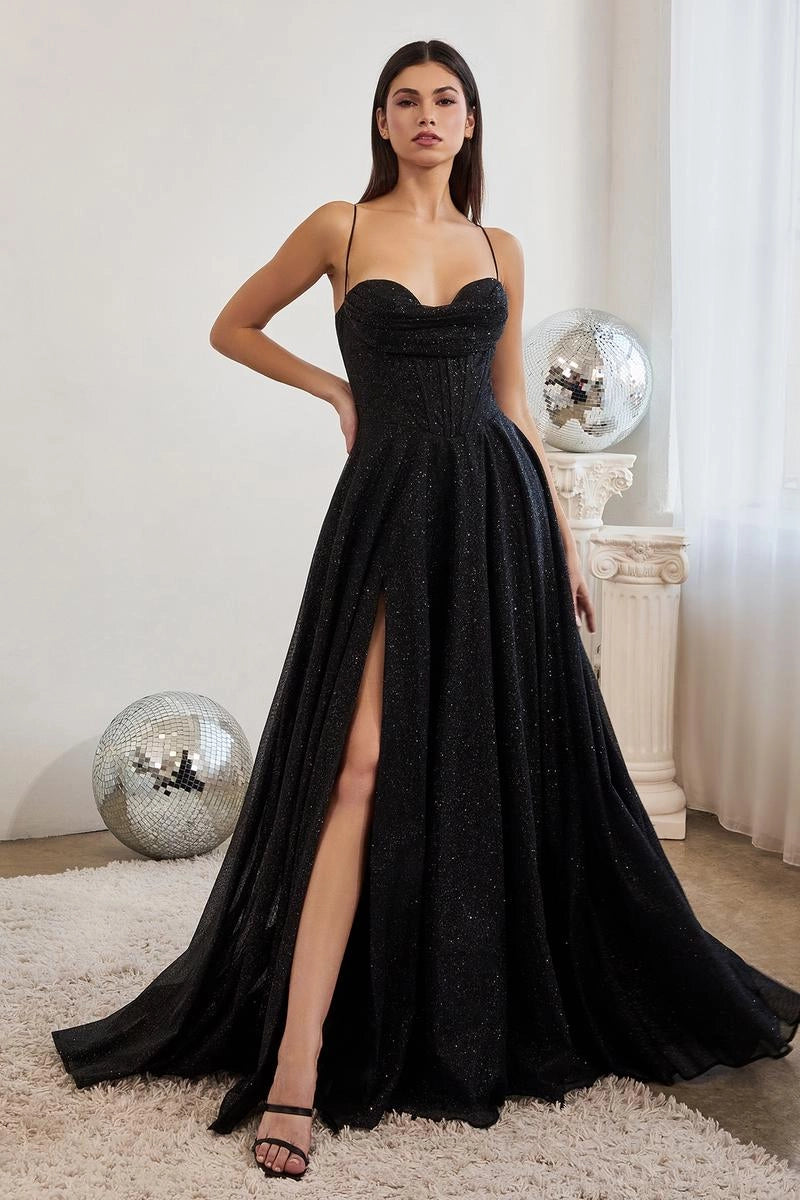 Sparkly A-Line Spaghetti Strap Sweetheart Corset Slit Black Prom Dress