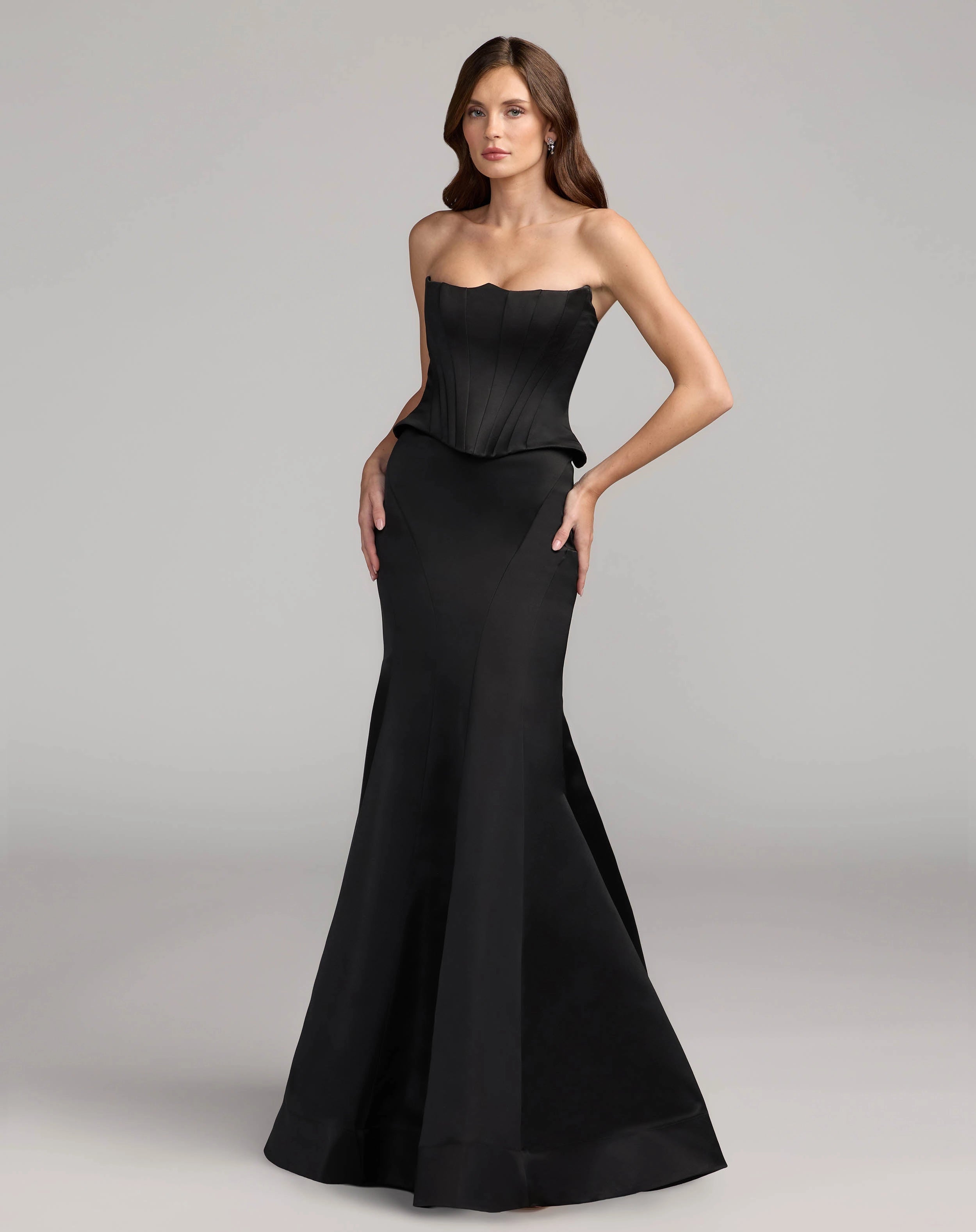 Strapless corset peplum satin mermaid train prom gown