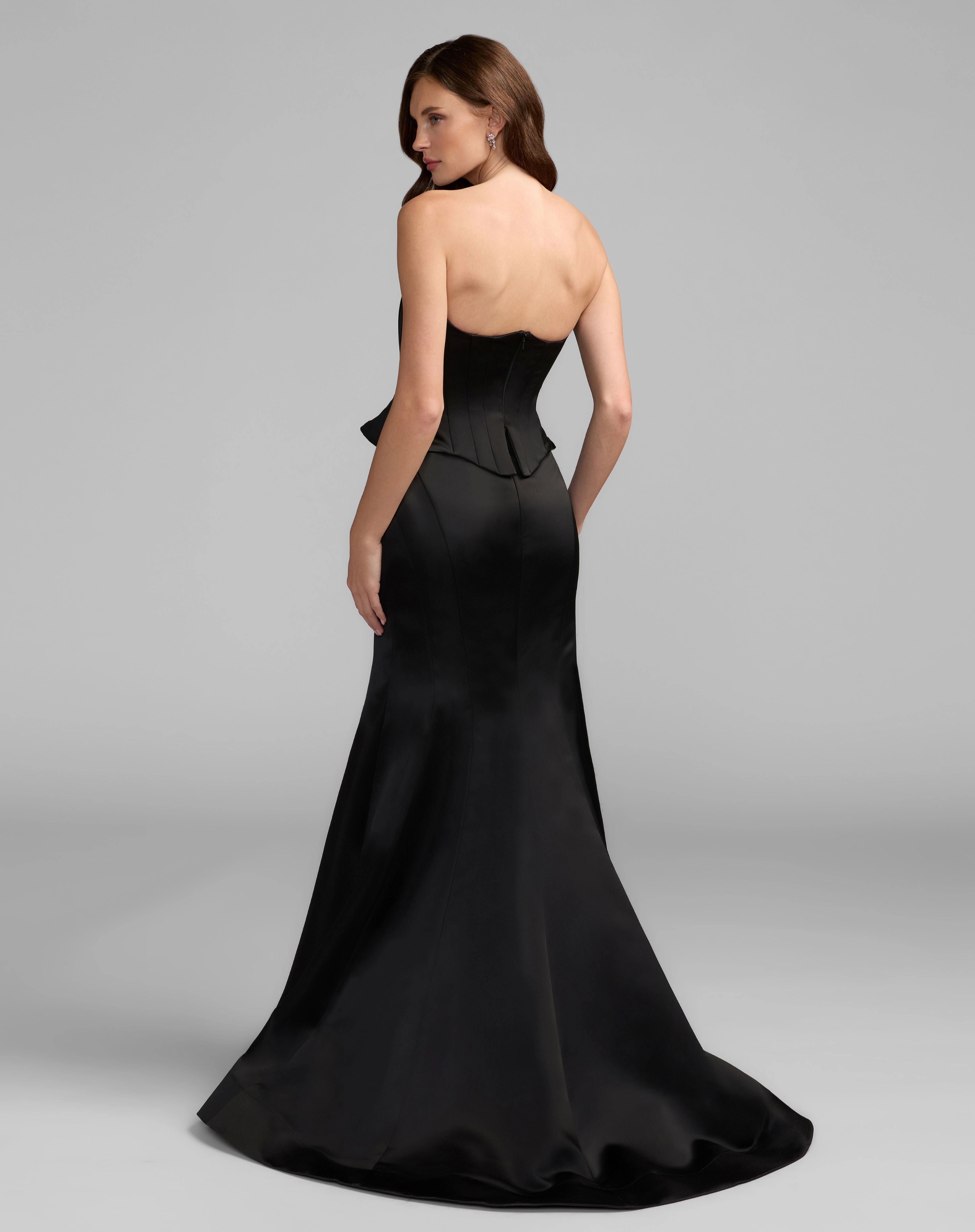 Strapless corset peplum satin mermaid train prom gown