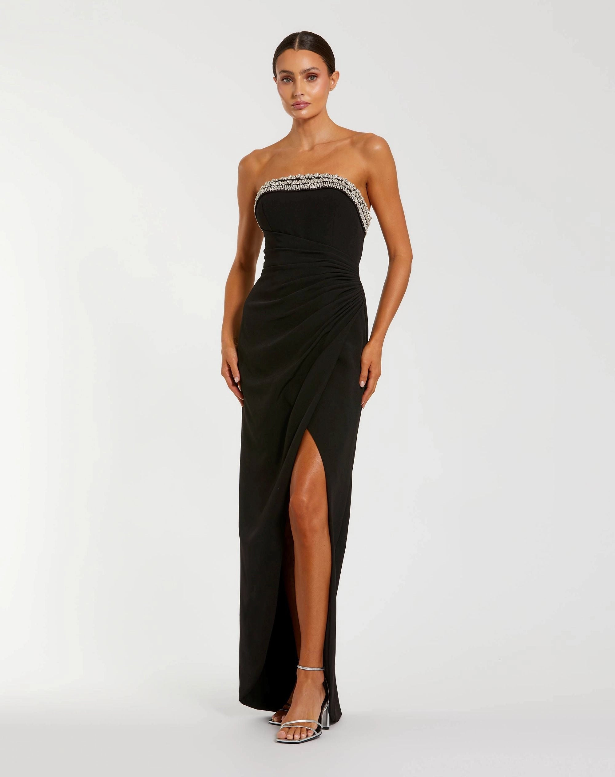 Black Strapless Fringe Rhinestone Trim Gown Ruched Waist High Split Evening Dress