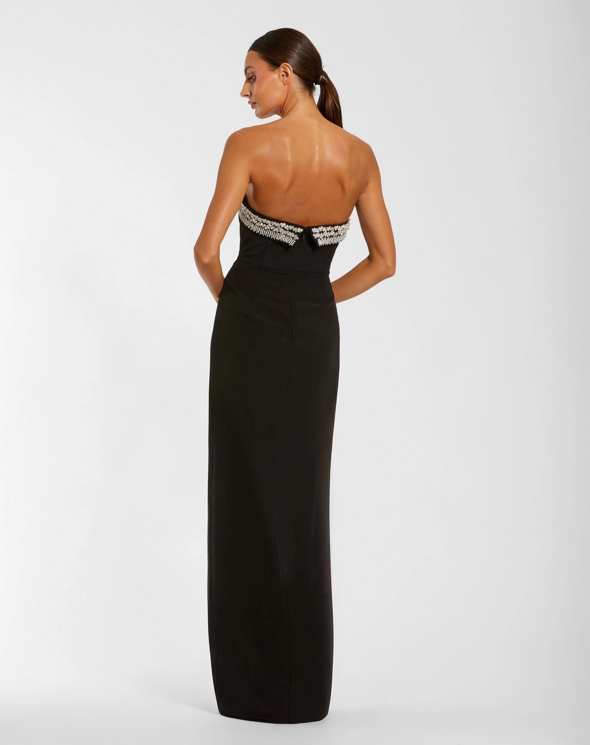 Black Strapless Fringe Rhinestone Trim Gown Ruched Waist High Split Evening Dress