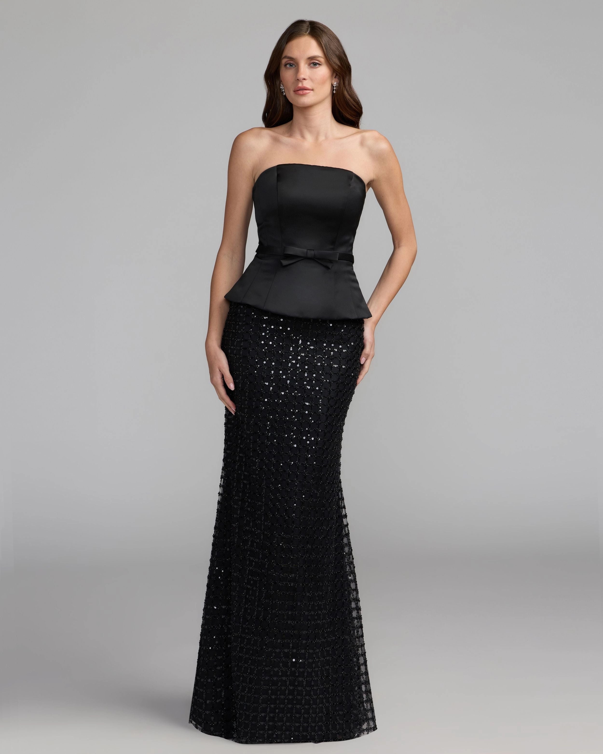 Black Strapless Satin Peplum Beaded Grid Mermaid Evening Gown