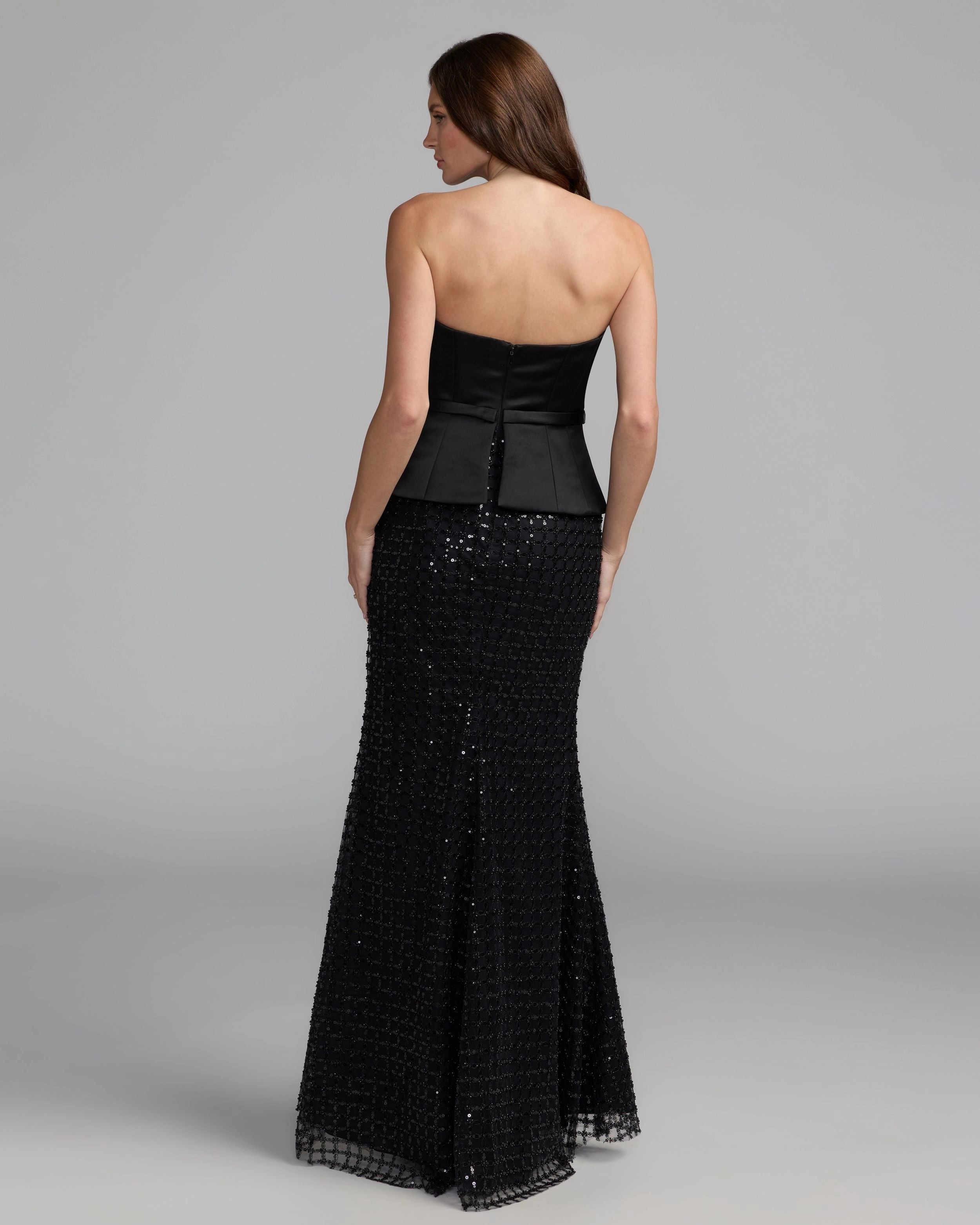 Black Strapless Satin Peplum Beaded Grid Mermaid Evening Gown