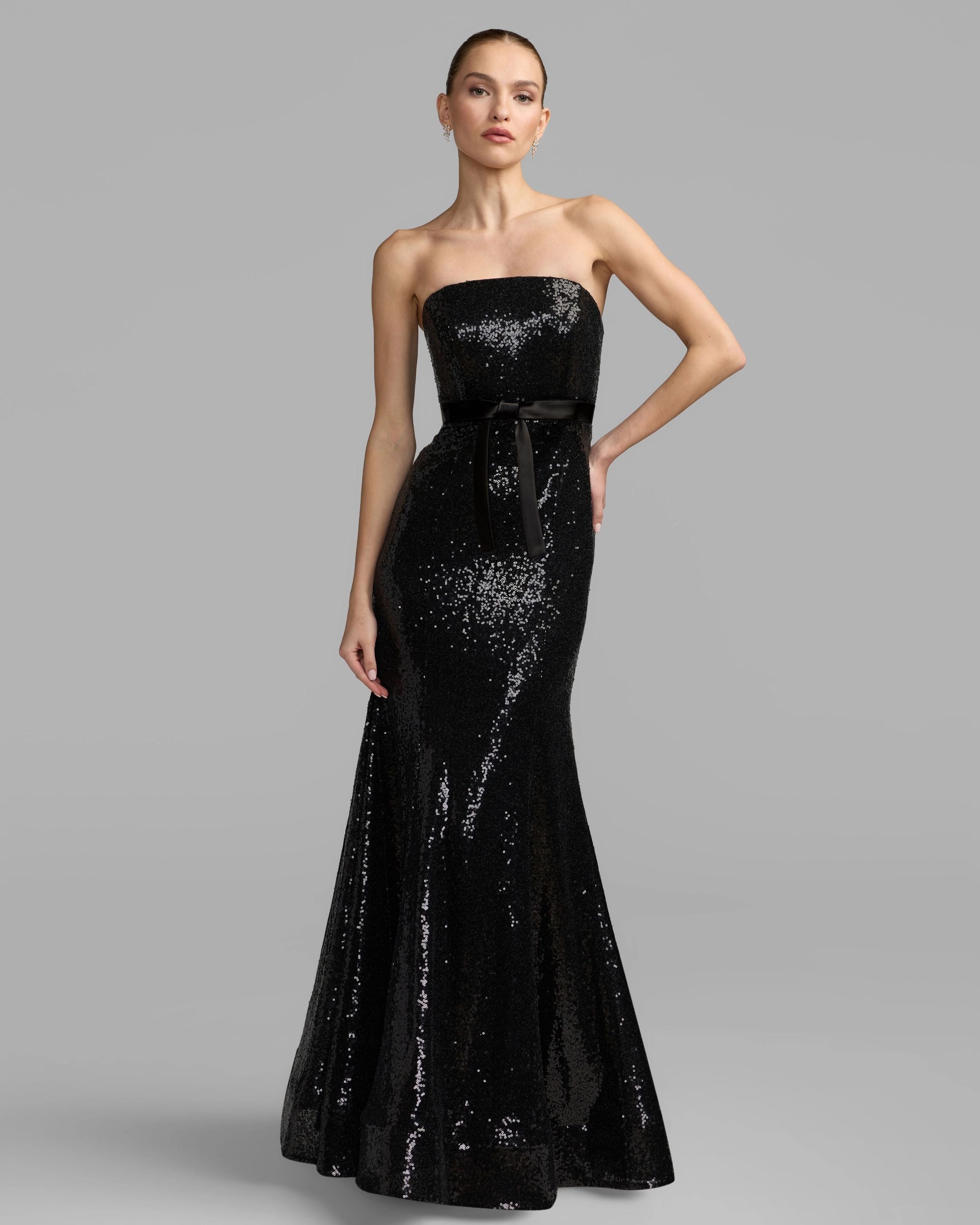 Black Strapless Sequin Mermaid Evening Gown With Satin Bow Sash