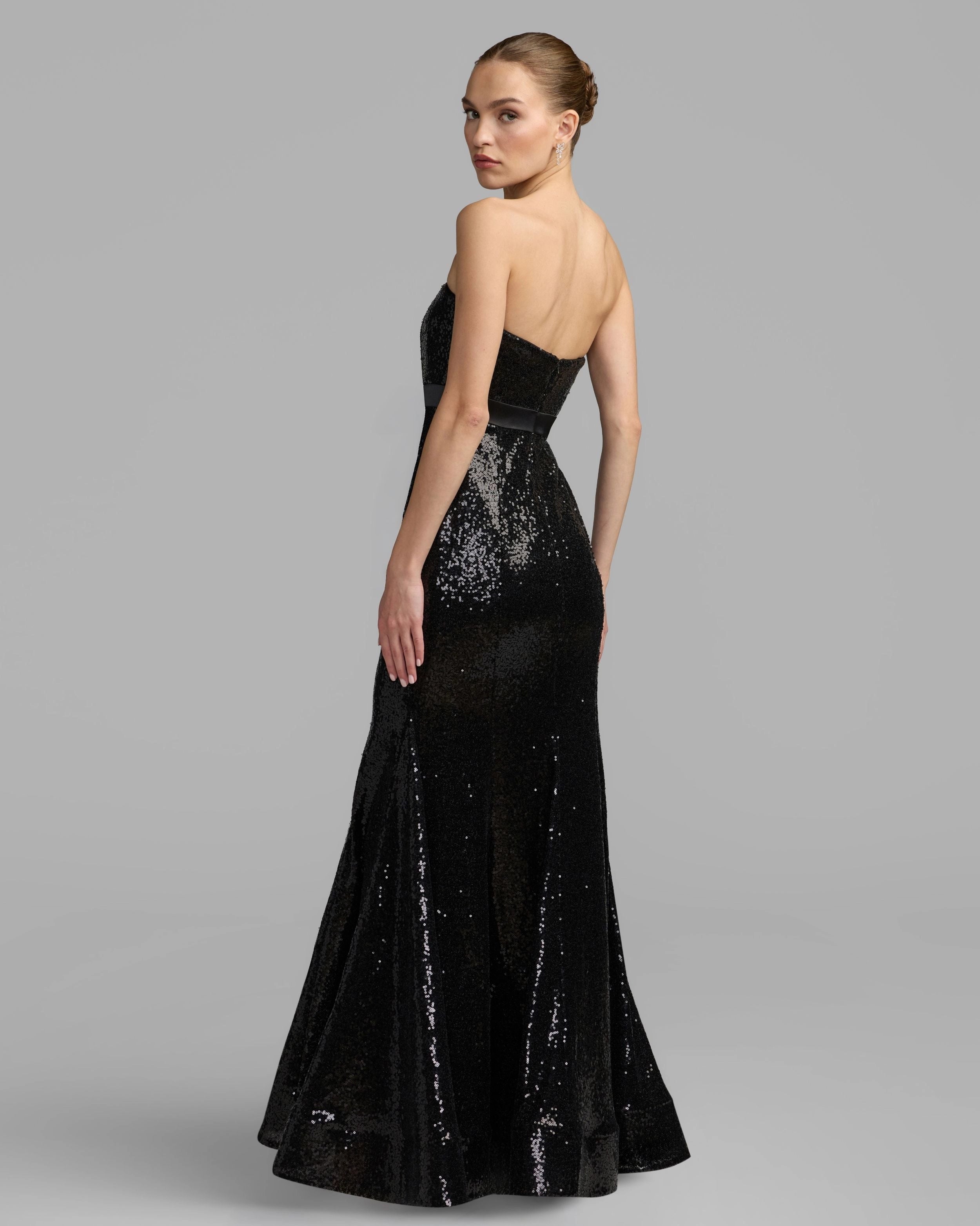 Black Strapless Sequin Mermaid Evening Gown With Satin Bow Sash