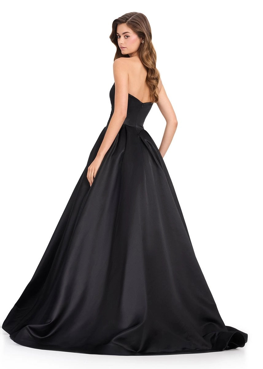 Strapless Sweetheart Black Satin A Line Pleated Prom Dress With Train