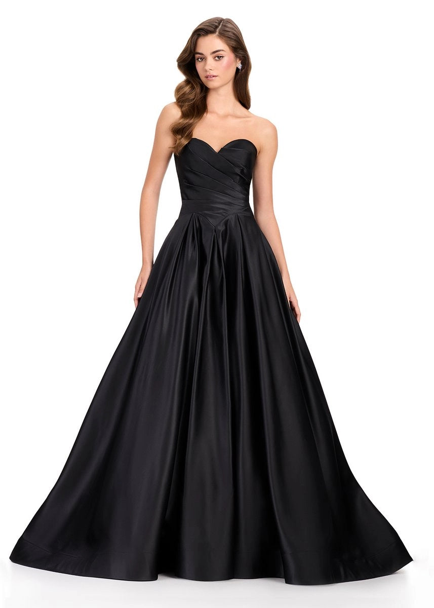 Strapless Sweetheart Black Satin A Line Pleated Prom Dress With Train