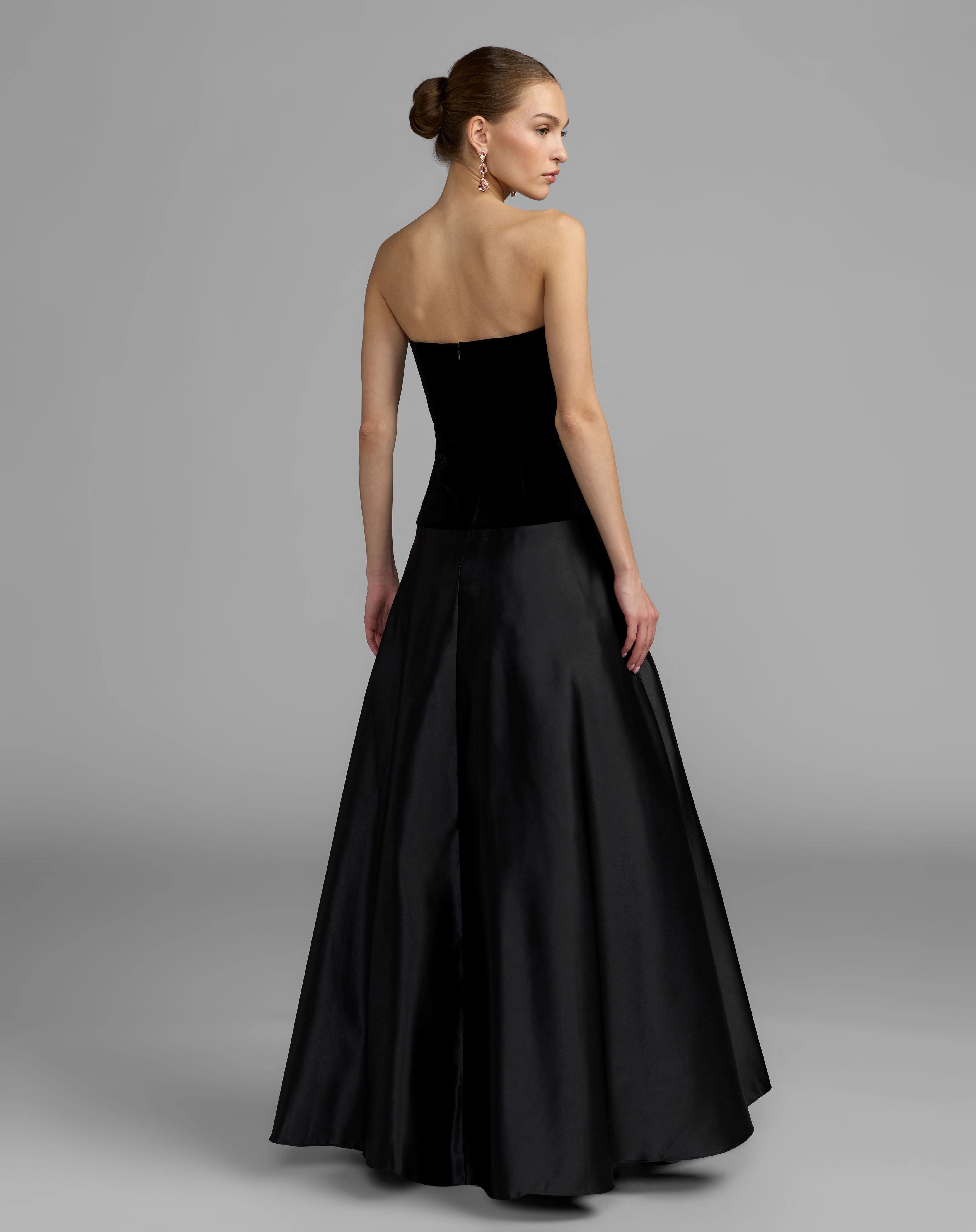 Black strapless velvet beaded bow A line prom gown