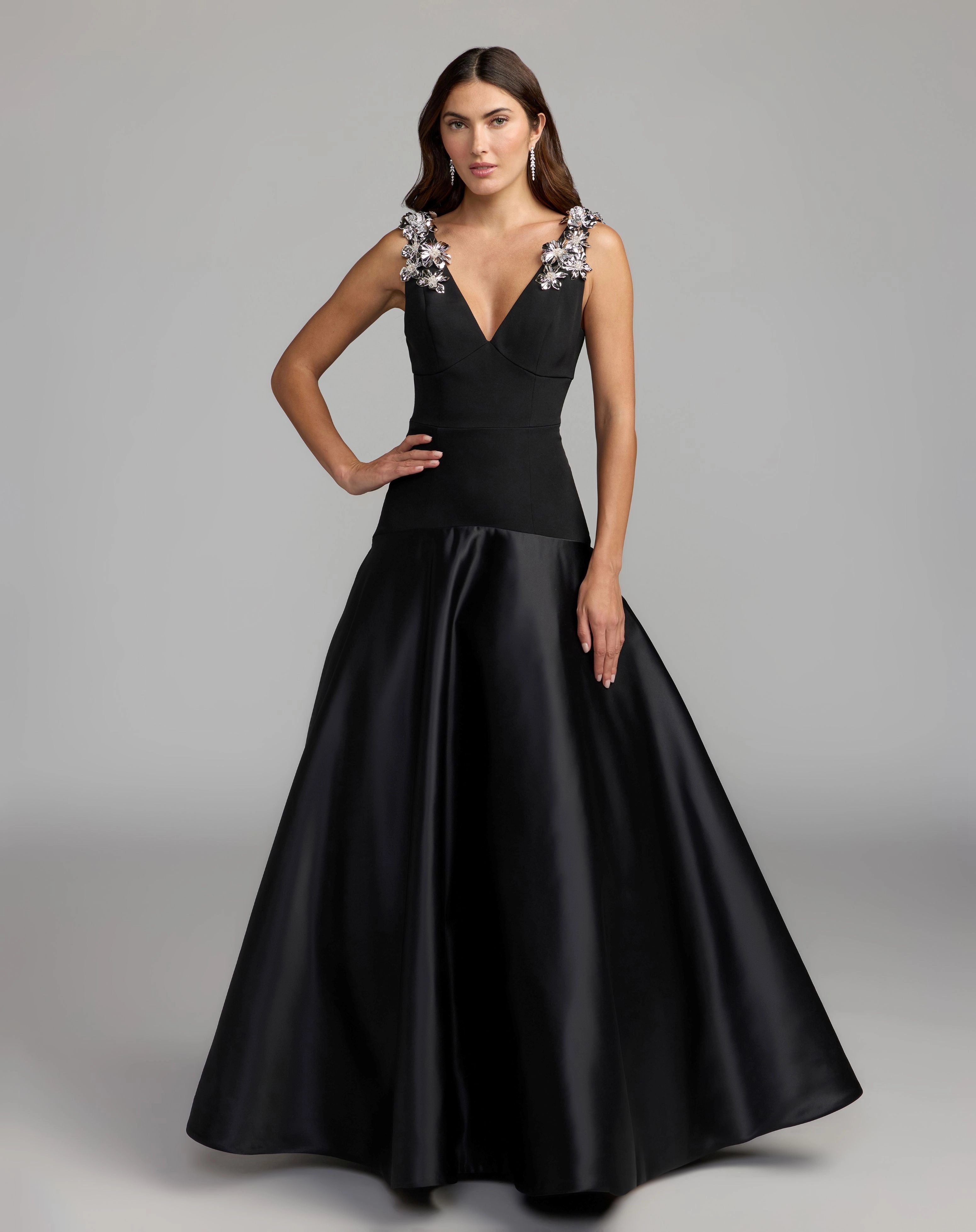 Black V Neck A-Line Satin Evening Gown With Crystal Floral Shoulder Appliques