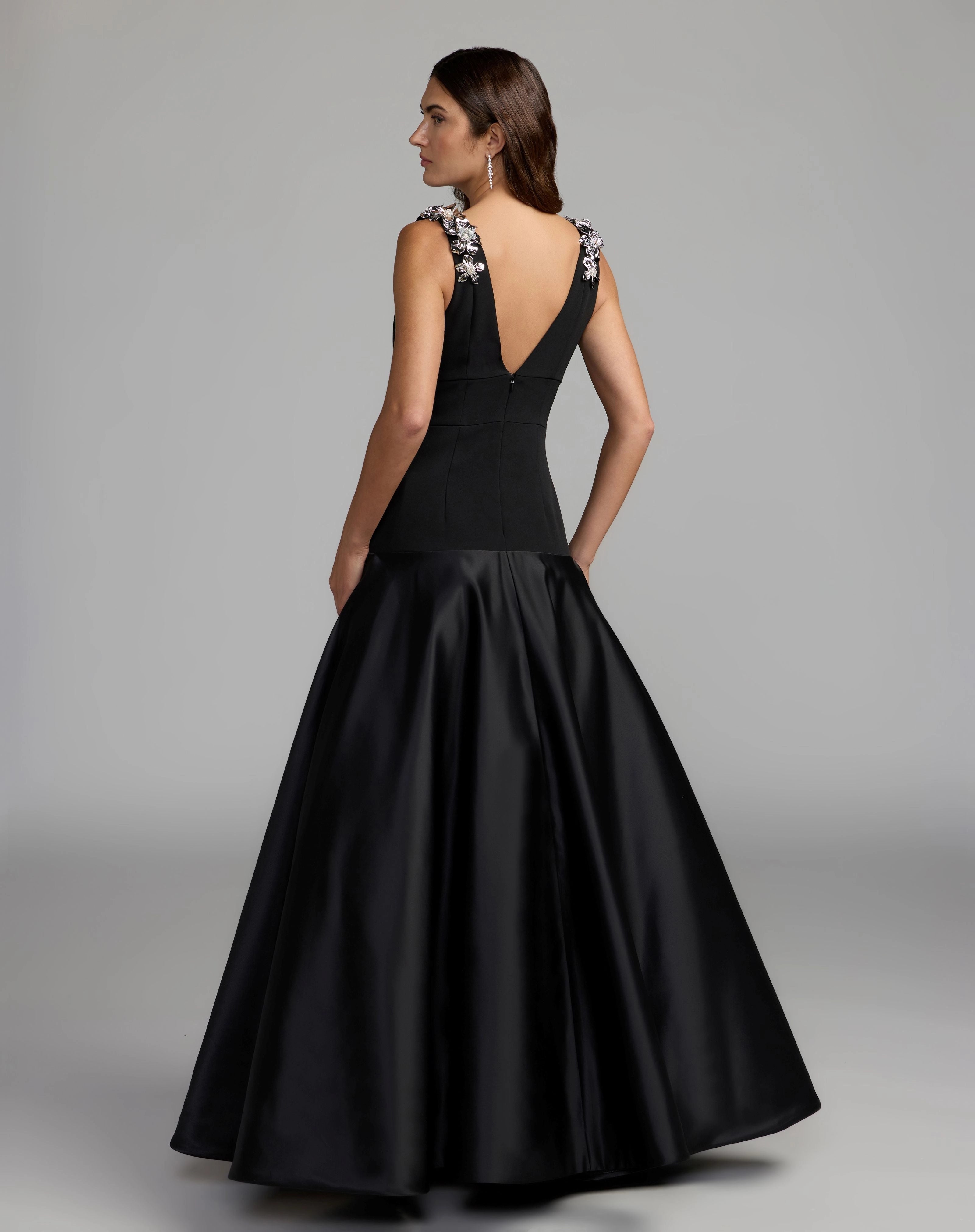 Black V Neck A-Line Satin Evening Gown With Crystal Floral Shoulder Appliques