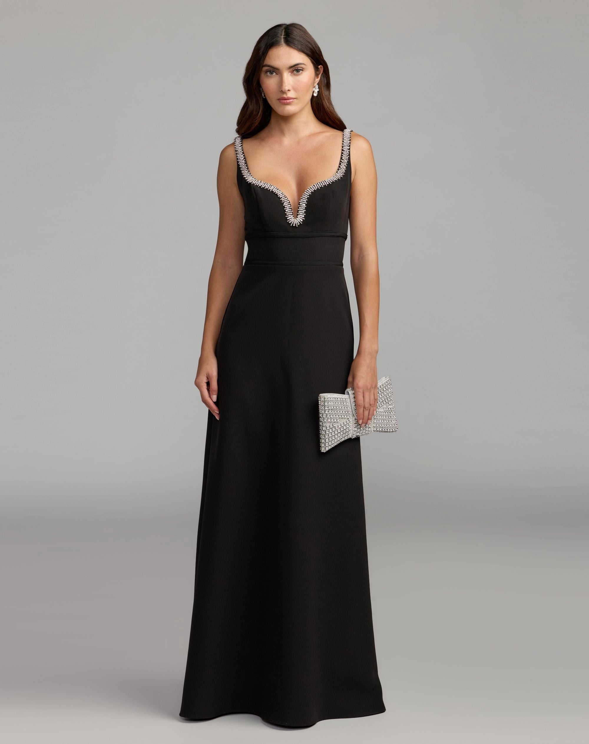 Black V Neck Beaded Trim Spaghetti Strap A-Line Floor Length Evening Gown